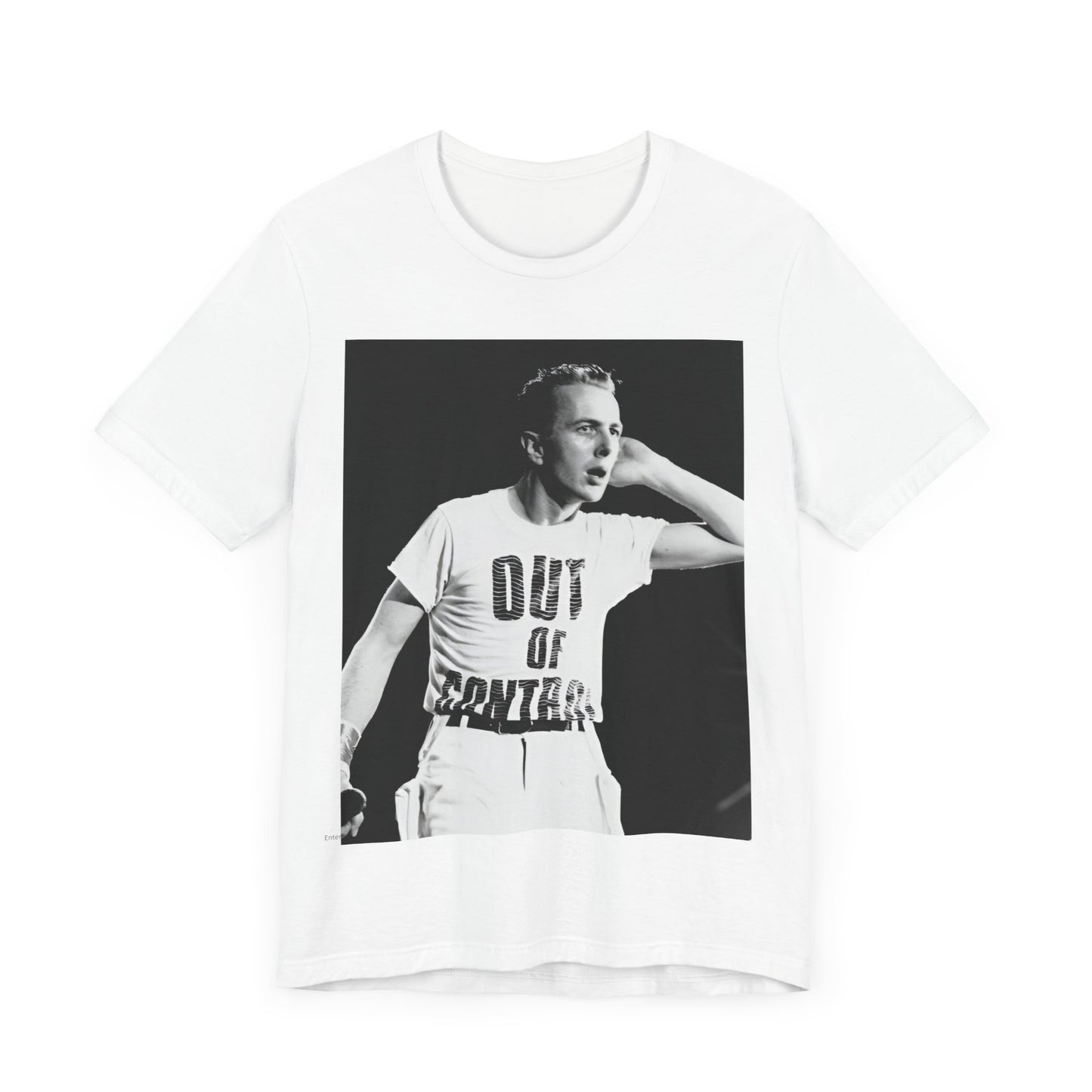 A black graphic t-shirt featuring a black and white graphic or photo portrait of Joe Strummer from The Clash.
