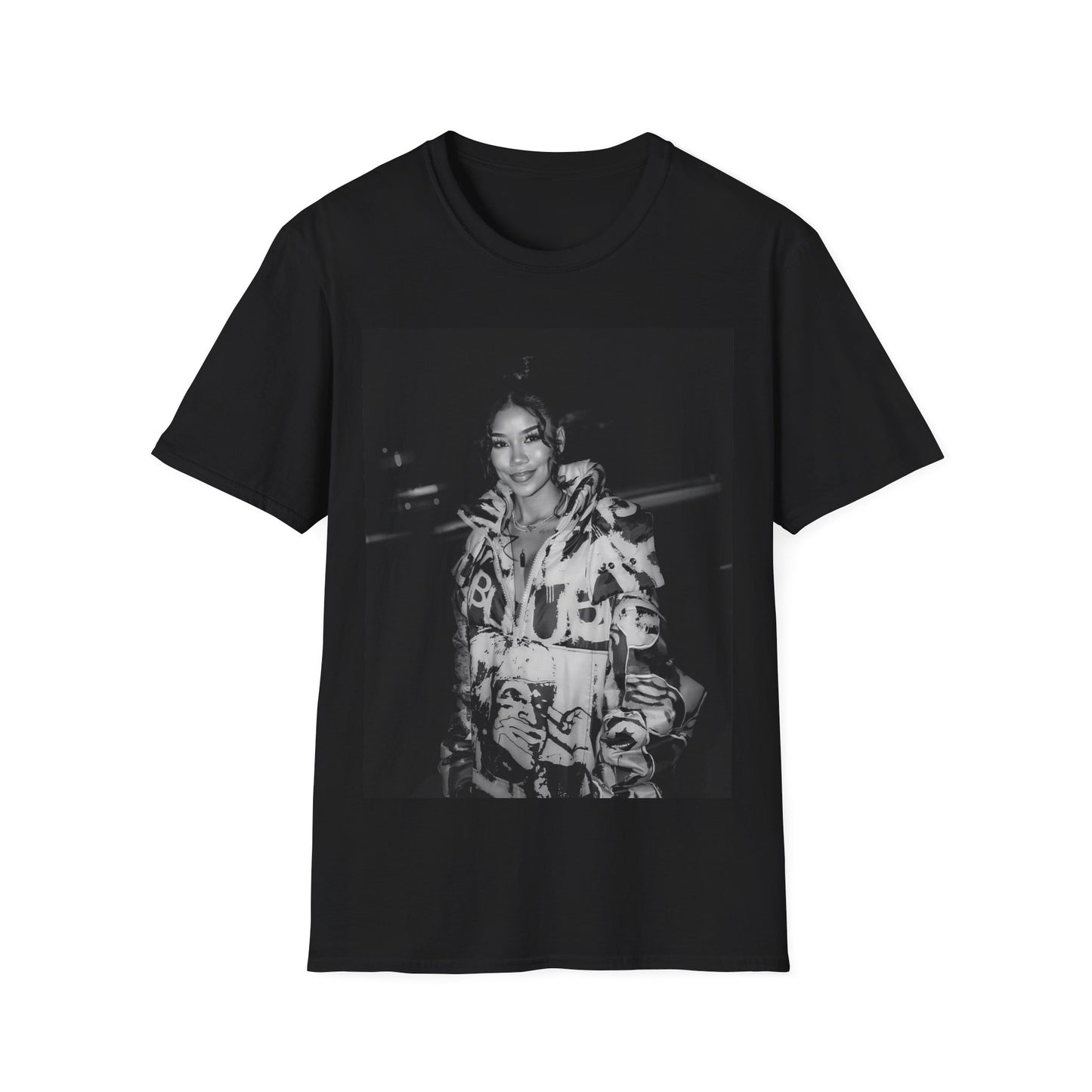 A black graphic t-shirt featuring a classic black and white photo portrait of Jhene Aiko.
