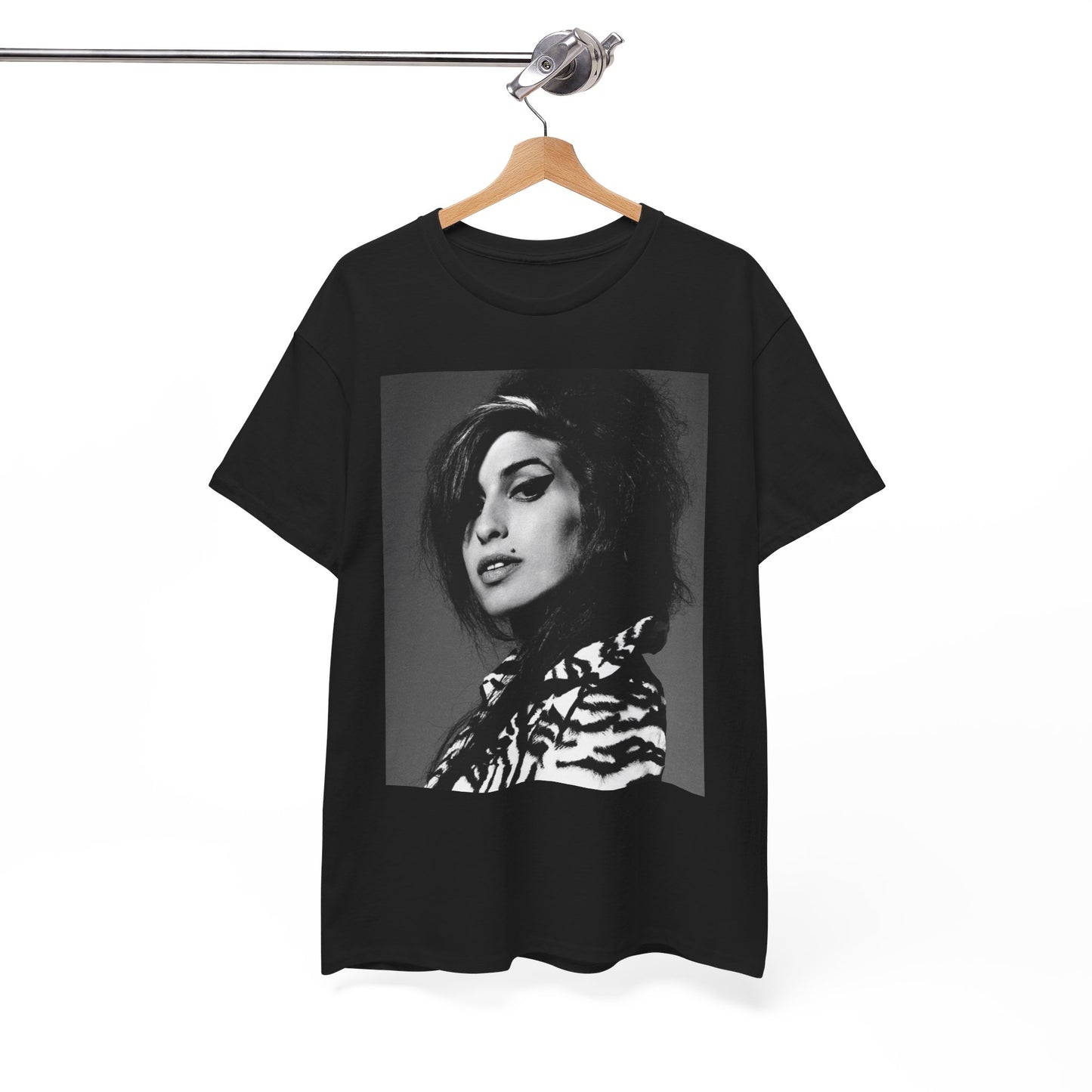 A black graphic t-shirt featuring a black and white portrait photo of Amy Winehouse from 2006, showing her with her signature beehive.