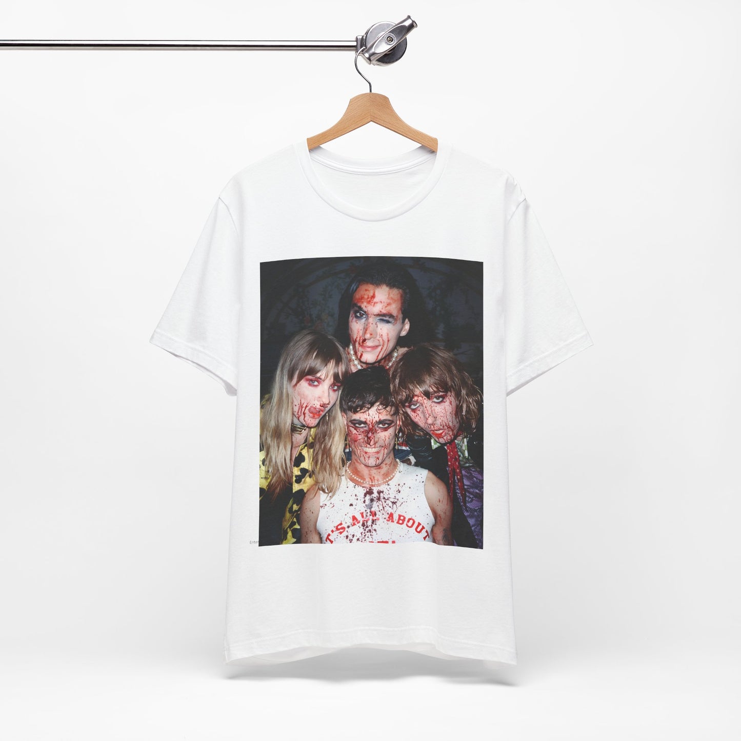 A black graphic t-shirt featuring a graphic of Maneskin celebrating their Eurovision win.