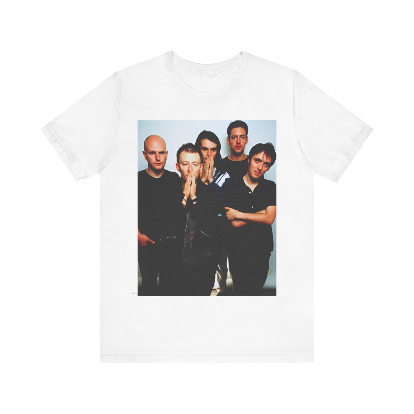 A black graphic t-shirt featuring a bold alt rock superstar graphic of Radiohead.