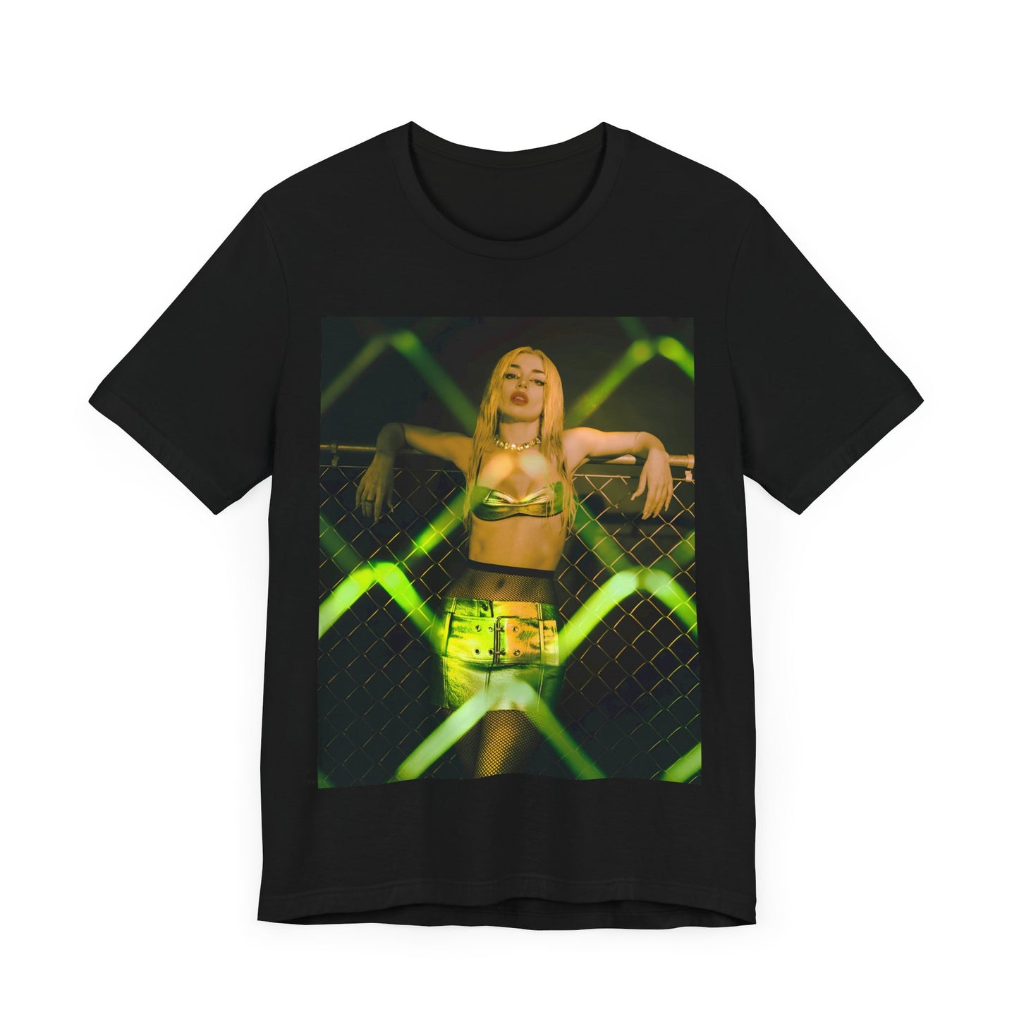 A black graphic t-shirt featuring a graphic of Ava Max with prominent neon green aesthetic elements.