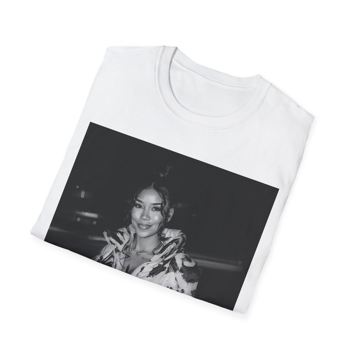 A black graphic t-shirt featuring a classic black and white photo portrait of Jhene Aiko.