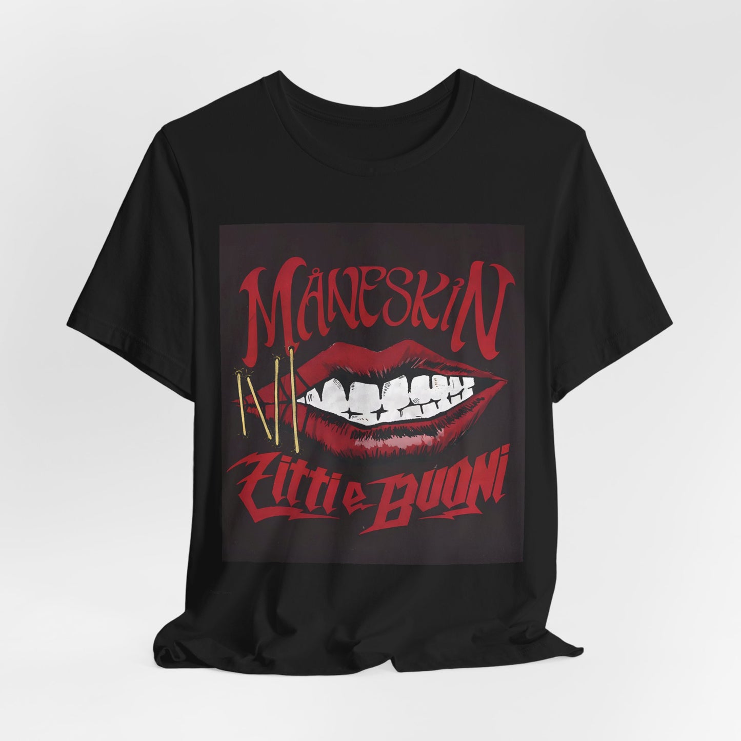 A black graphic t-shirt featuring a graphic related to Maneskin's song "Zitti E Buoni."