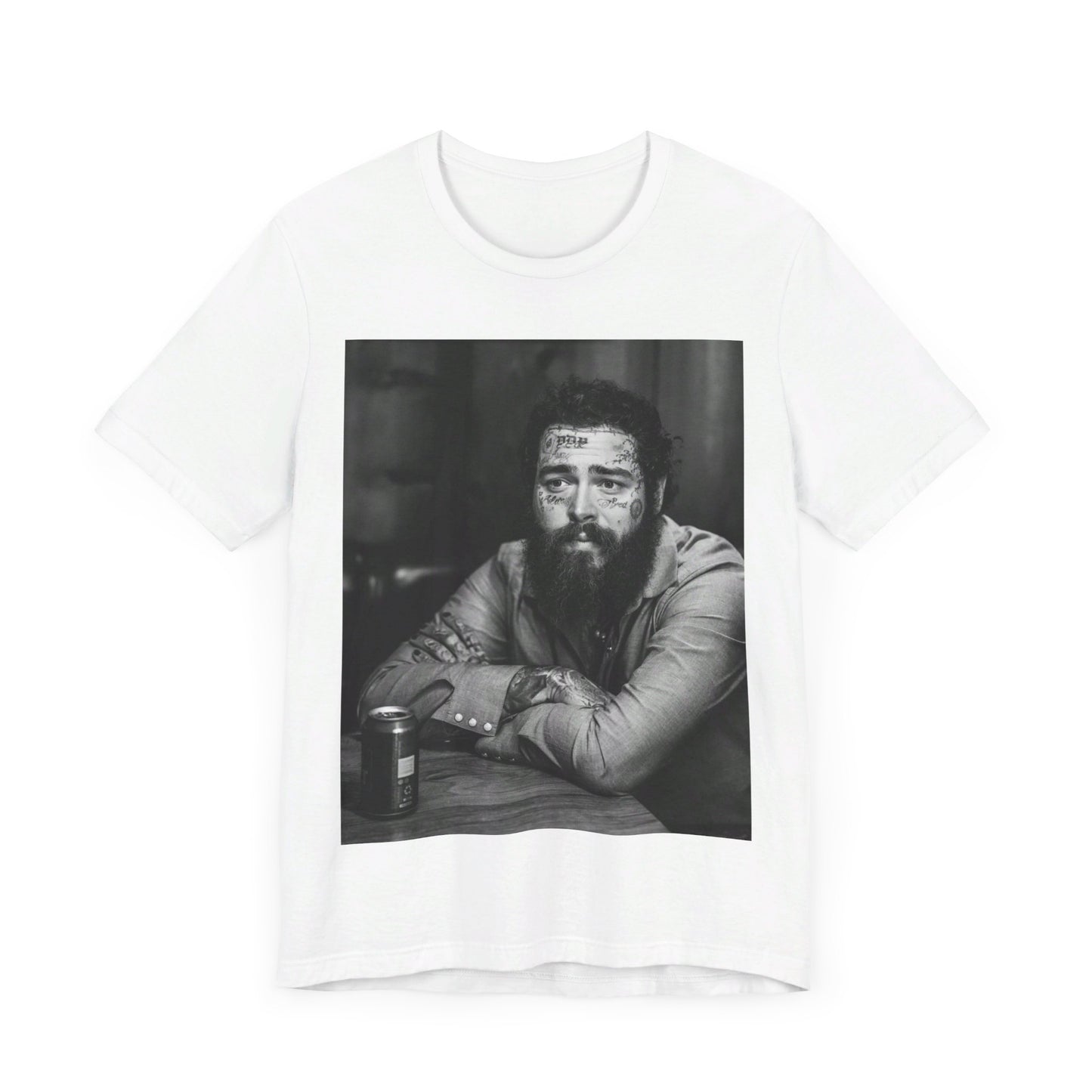 A black graphic t-shirt featuring a black and white, monochrome graphic or photo of Post Malone.