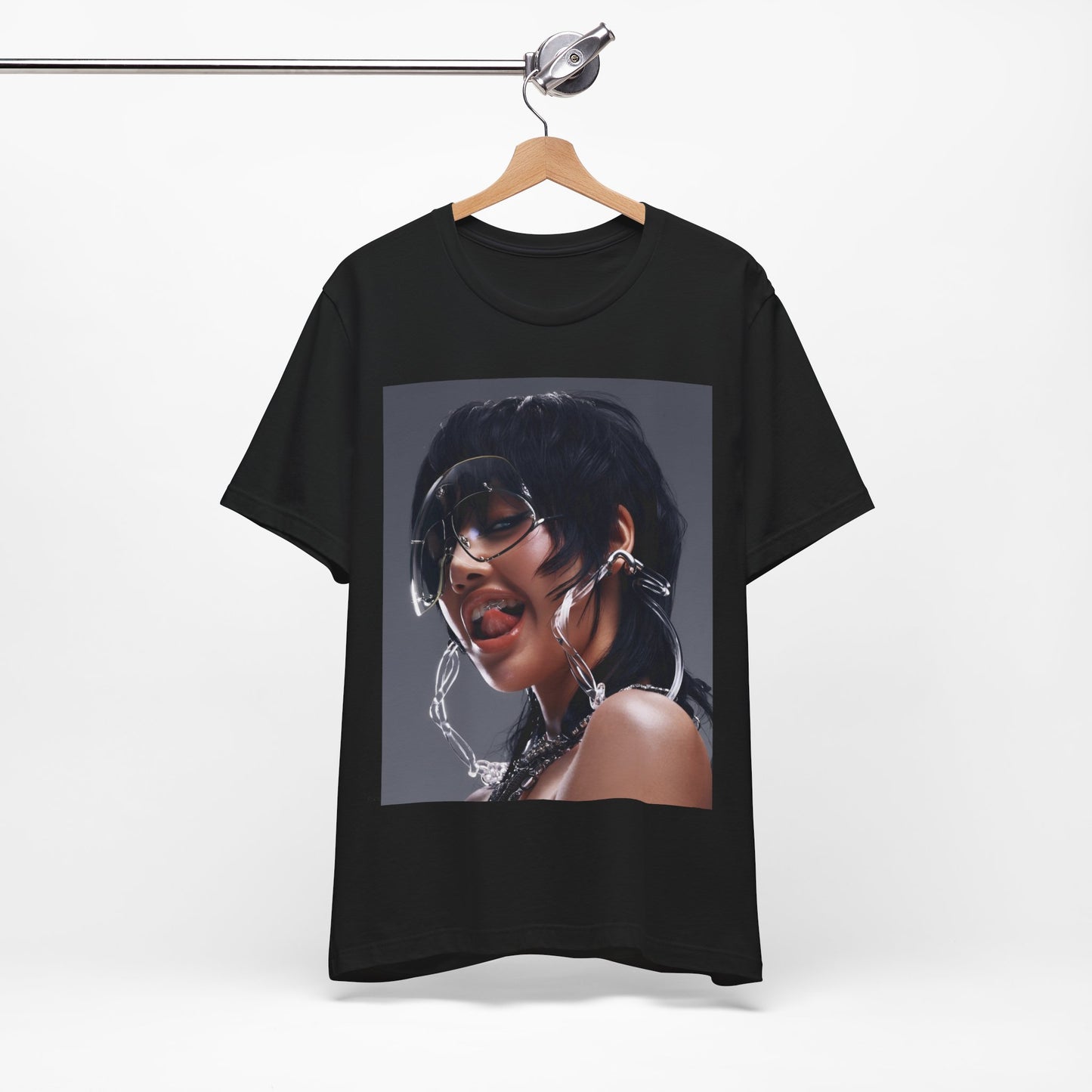 A black graphic t-shirt featuring a vintage K-Pop icon graphic of Lisa.