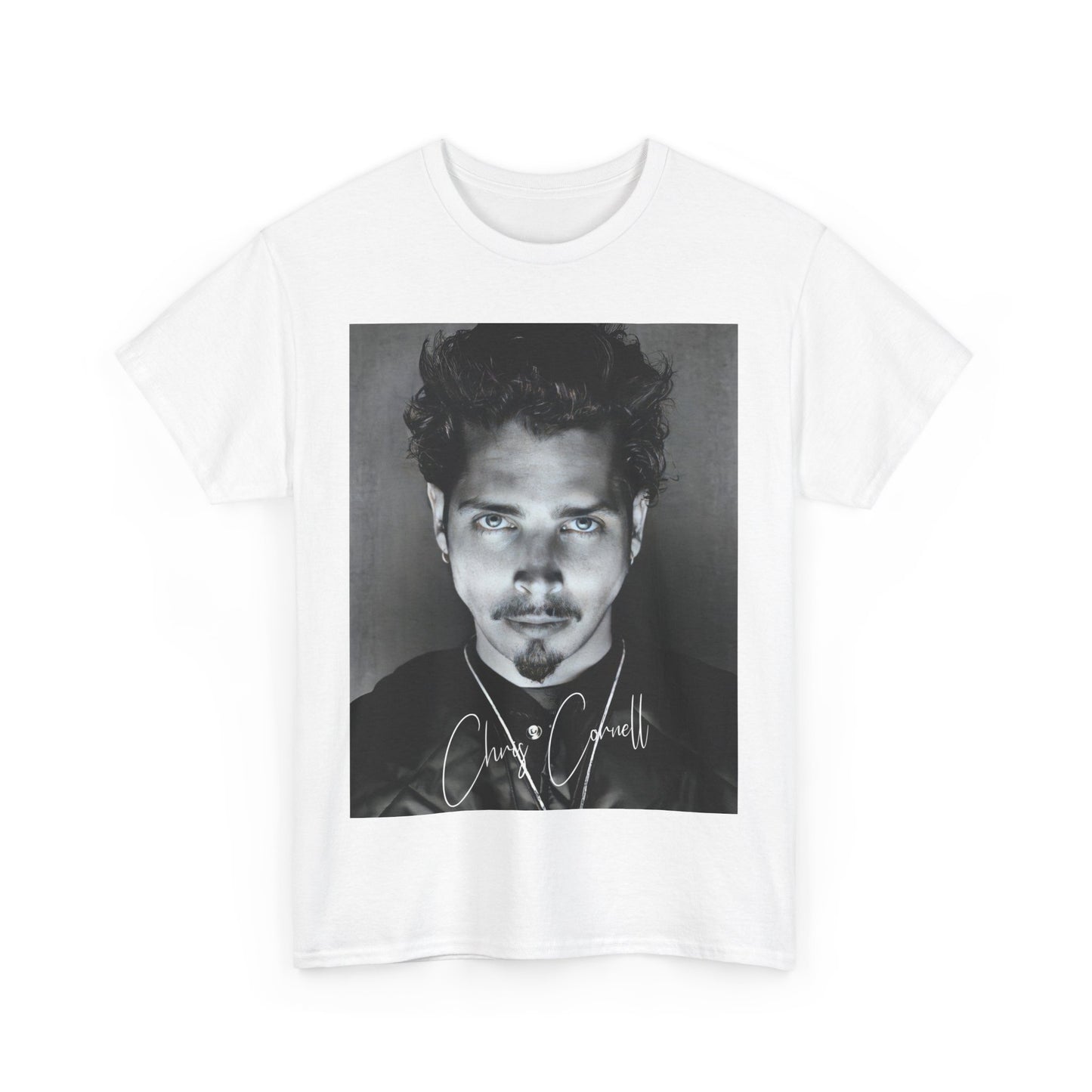 A black graphic t-shirt featuring a retro graphic inspired by Soundgarden's 'Black Hole Sun' and Chris Cornell.