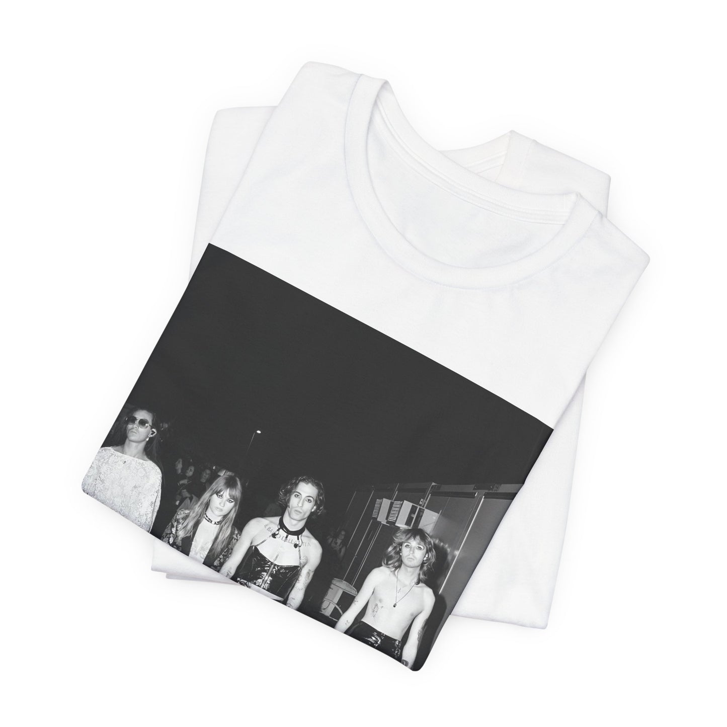 A black graphic t-shirt featuring a black and white, monochrome graphic or photo of Maneskin.