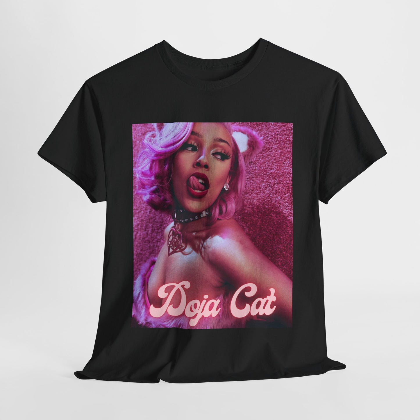 A black graphic t-shirt featuring a graphic of Doja Cat as a rap star with an aesthetic design.