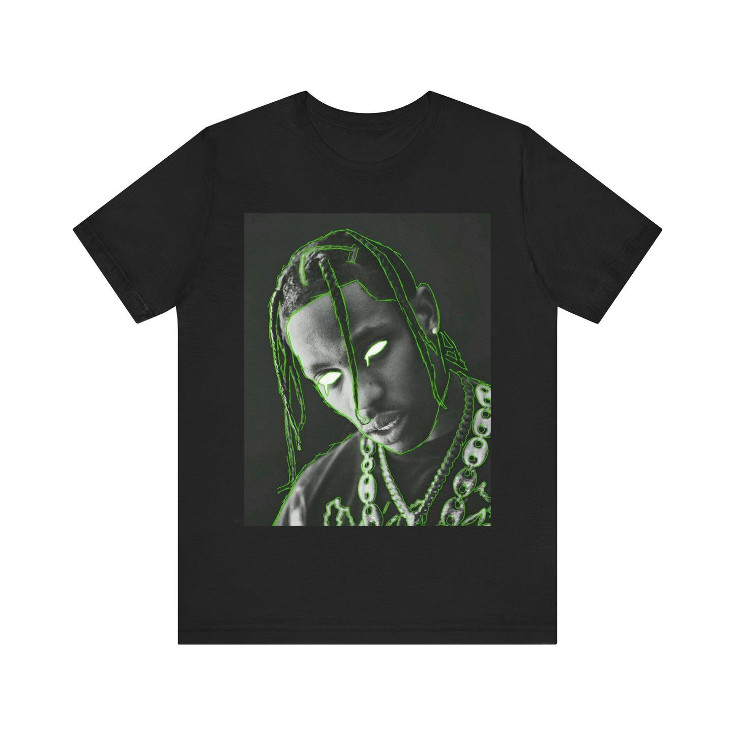 A black graphic t-shirt featuring a retro graphic related to Travis Scott's 'Sicko Mode' song or era.