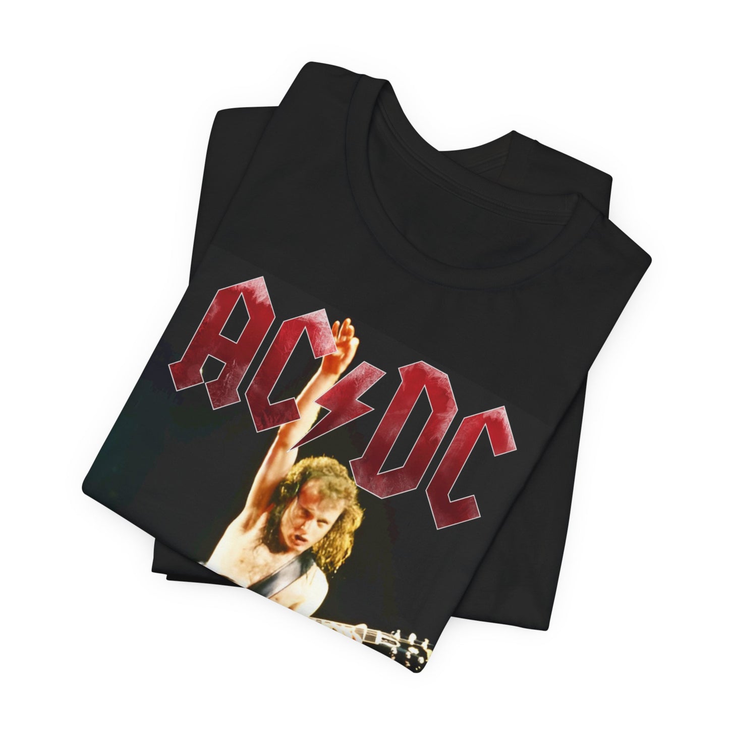 A black graphic t-shirt depicting AC/DC's Angus Young playing guitar while riding on the shoulders of Bon Scott, evocative of their "Highway to Hell" tour performances.