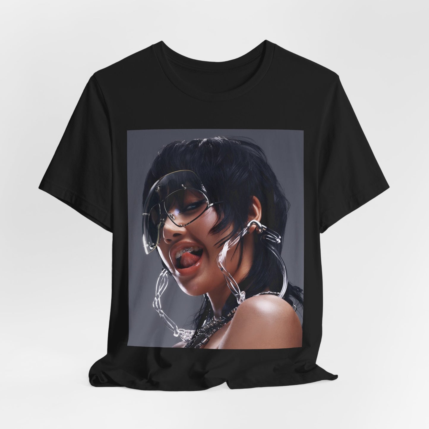 A black graphic t-shirt featuring a vintage K-Pop icon graphic of Lisa.