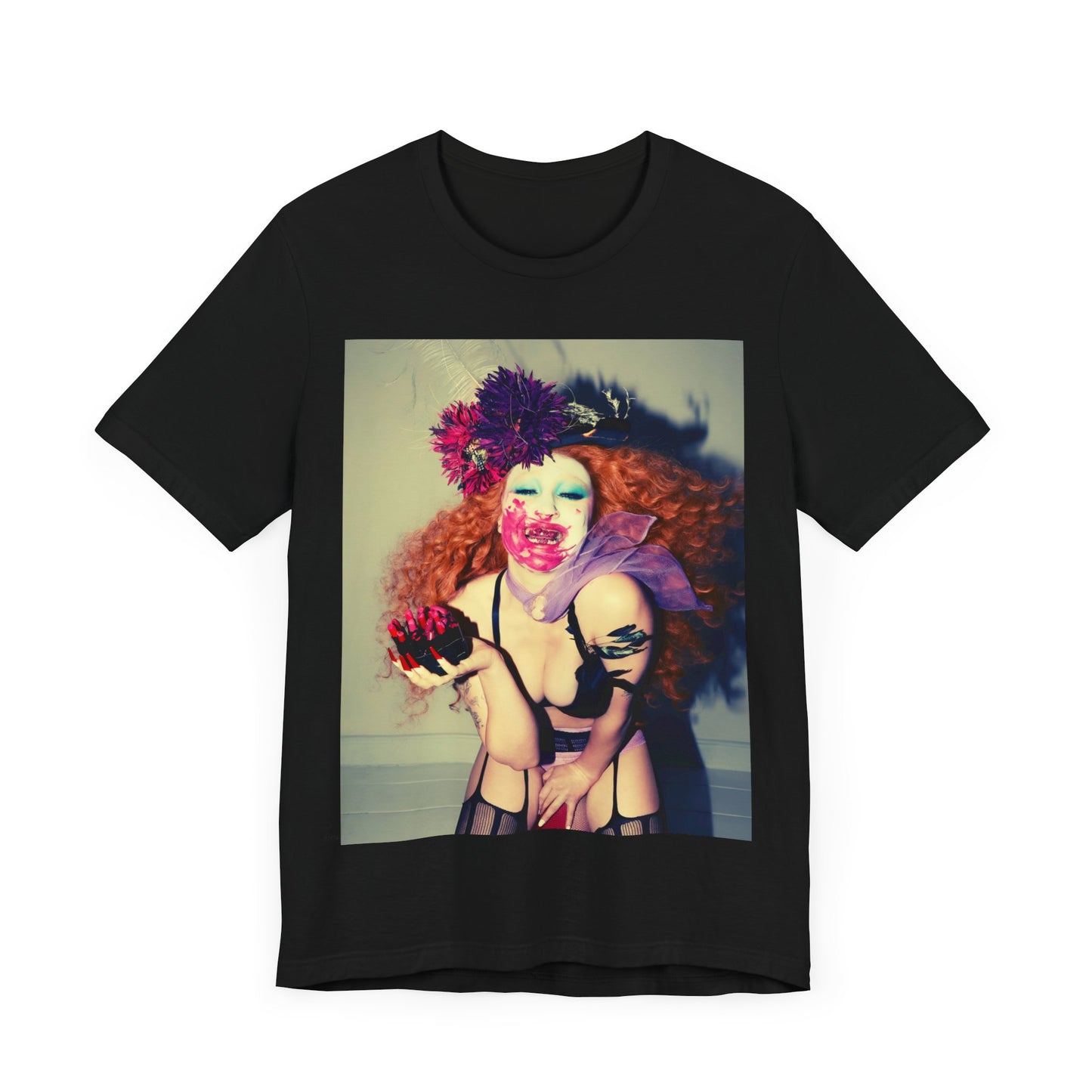 A black graphic t-shirt featuring a retro graphic related to Chappell Roan's 'Pink Pony Club' era.