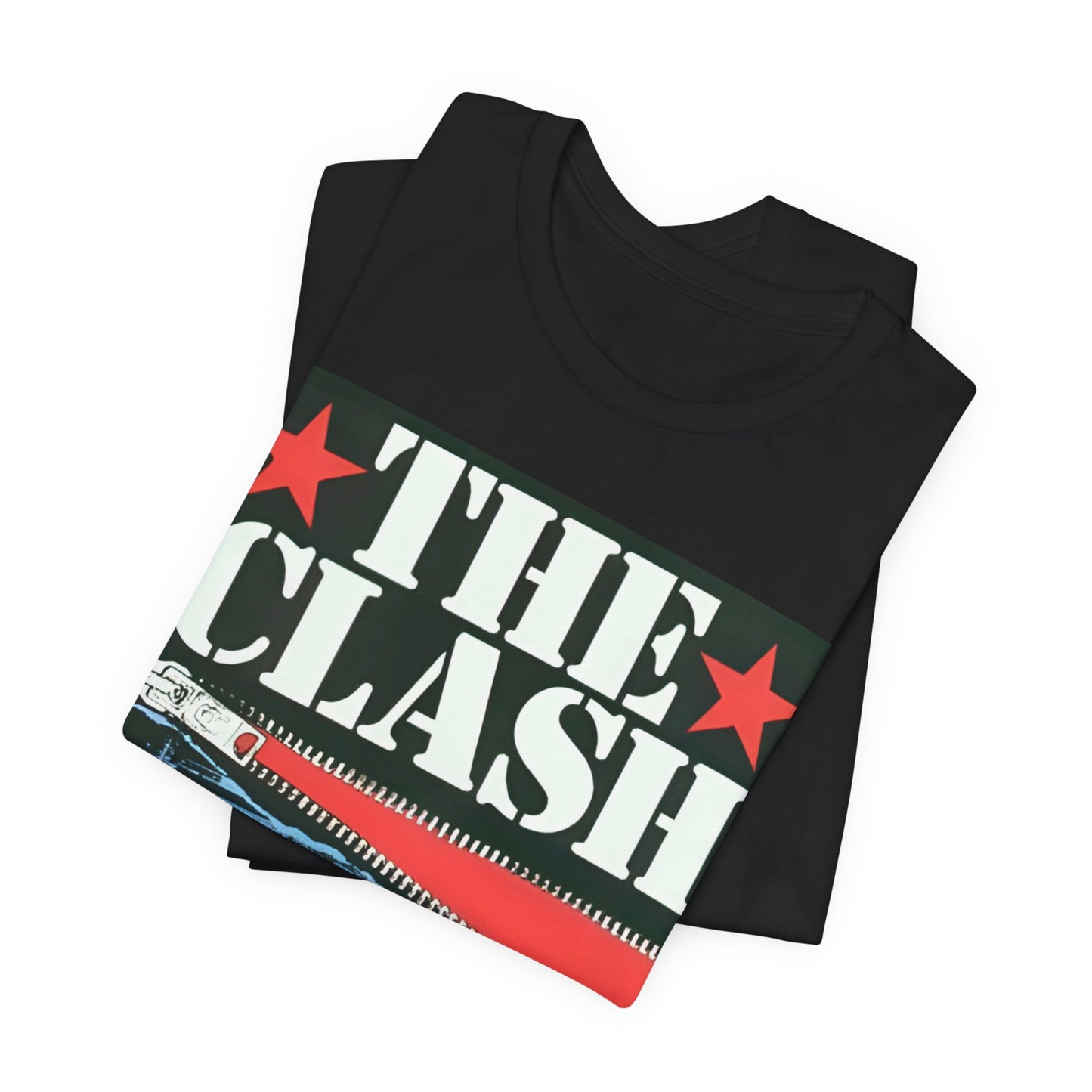 A black graphic t-shirt featuring a casual punk fan graphic of The Clash.