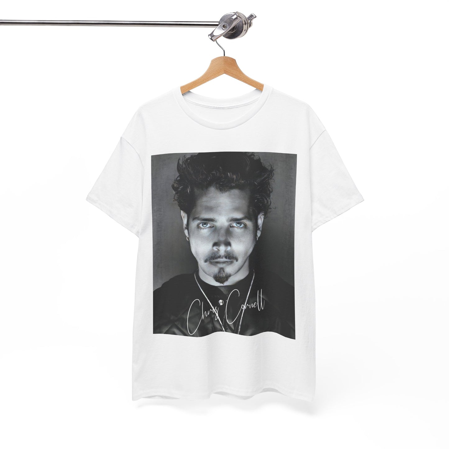 A black graphic t-shirt featuring a retro graphic inspired by Soundgarden's 'Black Hole Sun' and Chris Cornell.