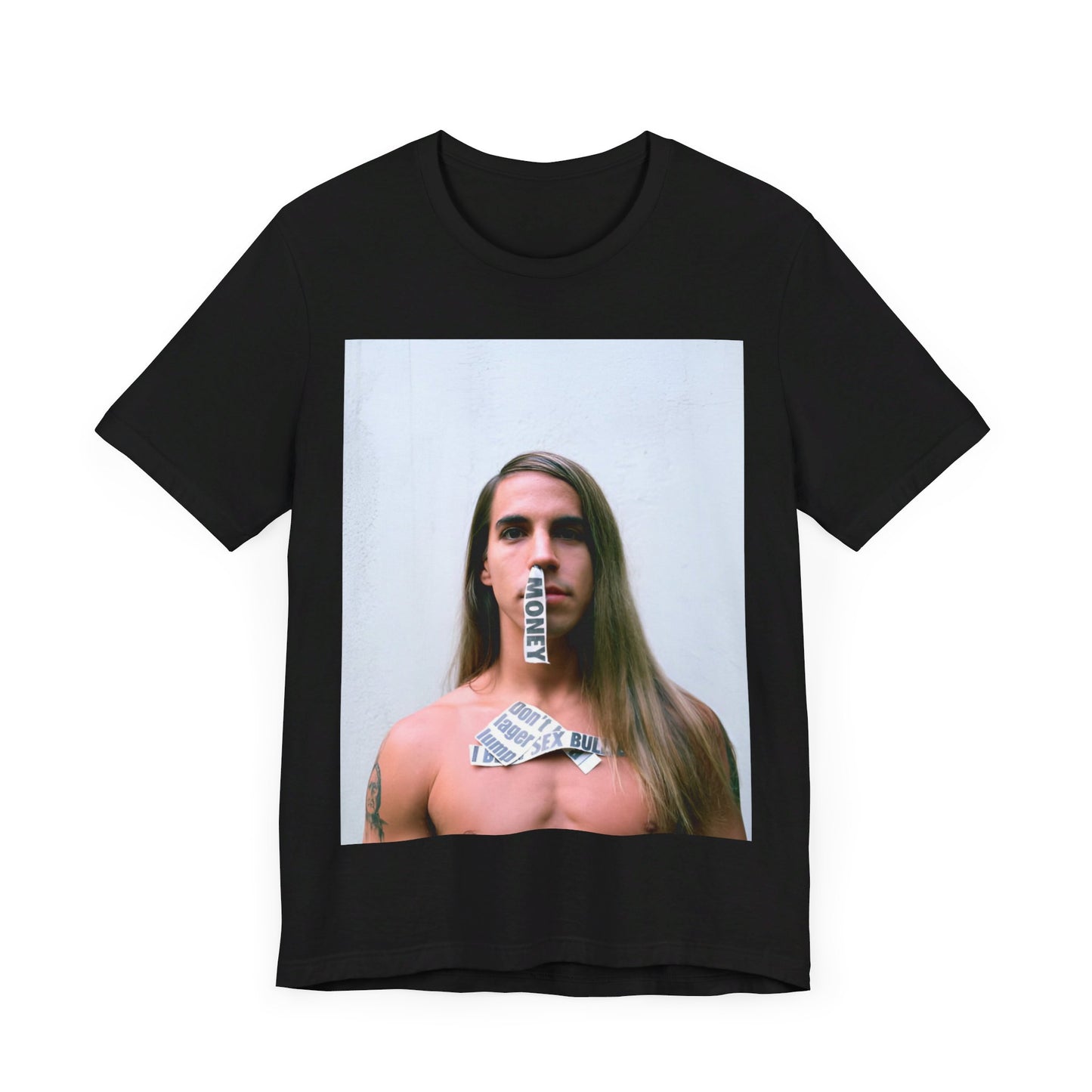 A black graphic t-shirt featuring a 90s photo portrait of Anthony Kiedis from Red Hot Chili Peppers.