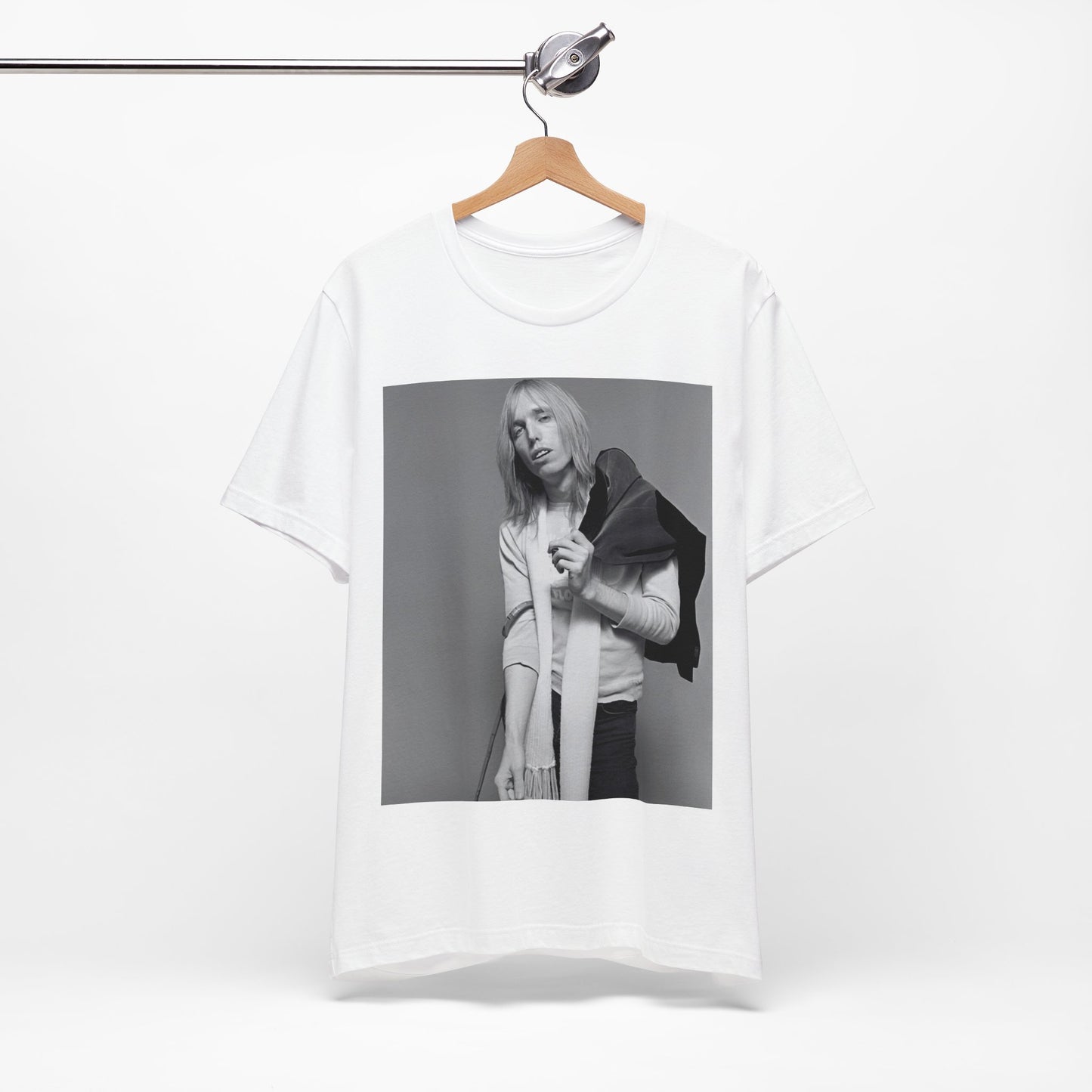 A black graphic t-shirt featuring a modern rock essential graphic of Tom Petty.