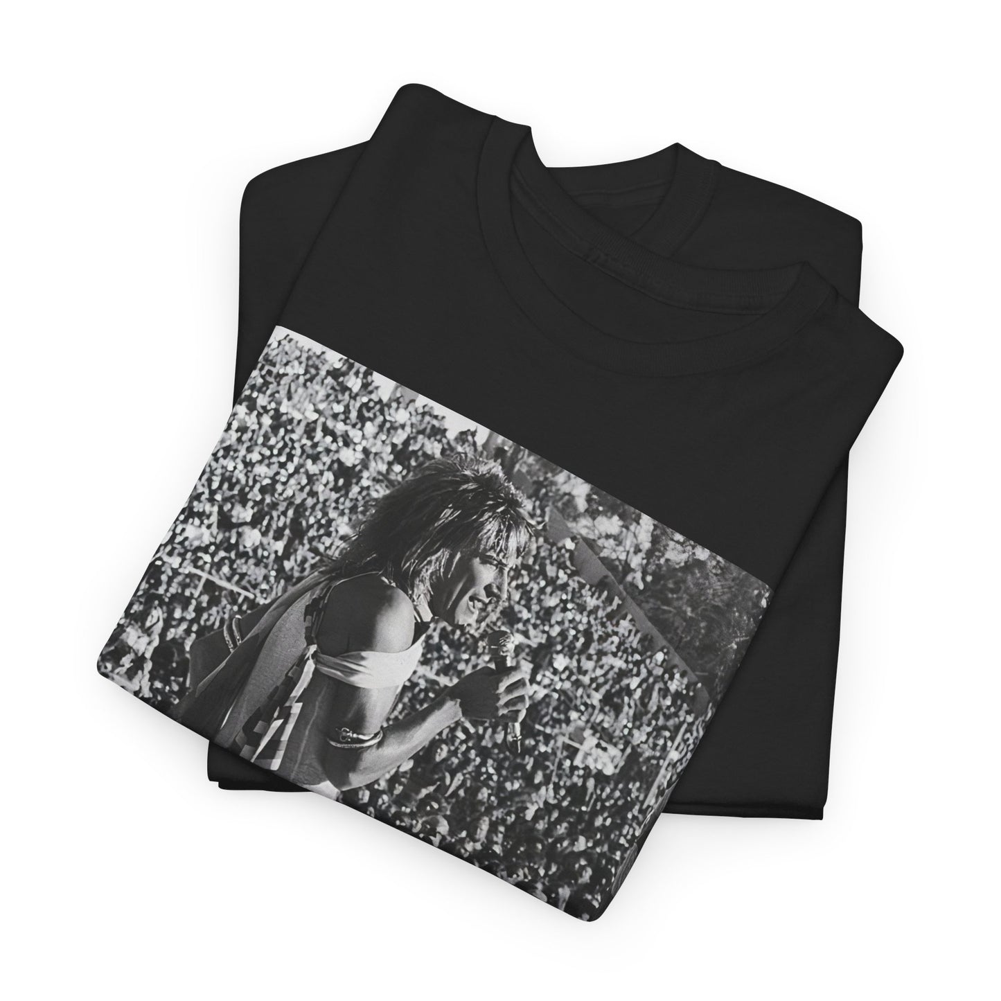 A black graphic t-shirt featuring a 70s on stage concert graphic of Rod Stewart.