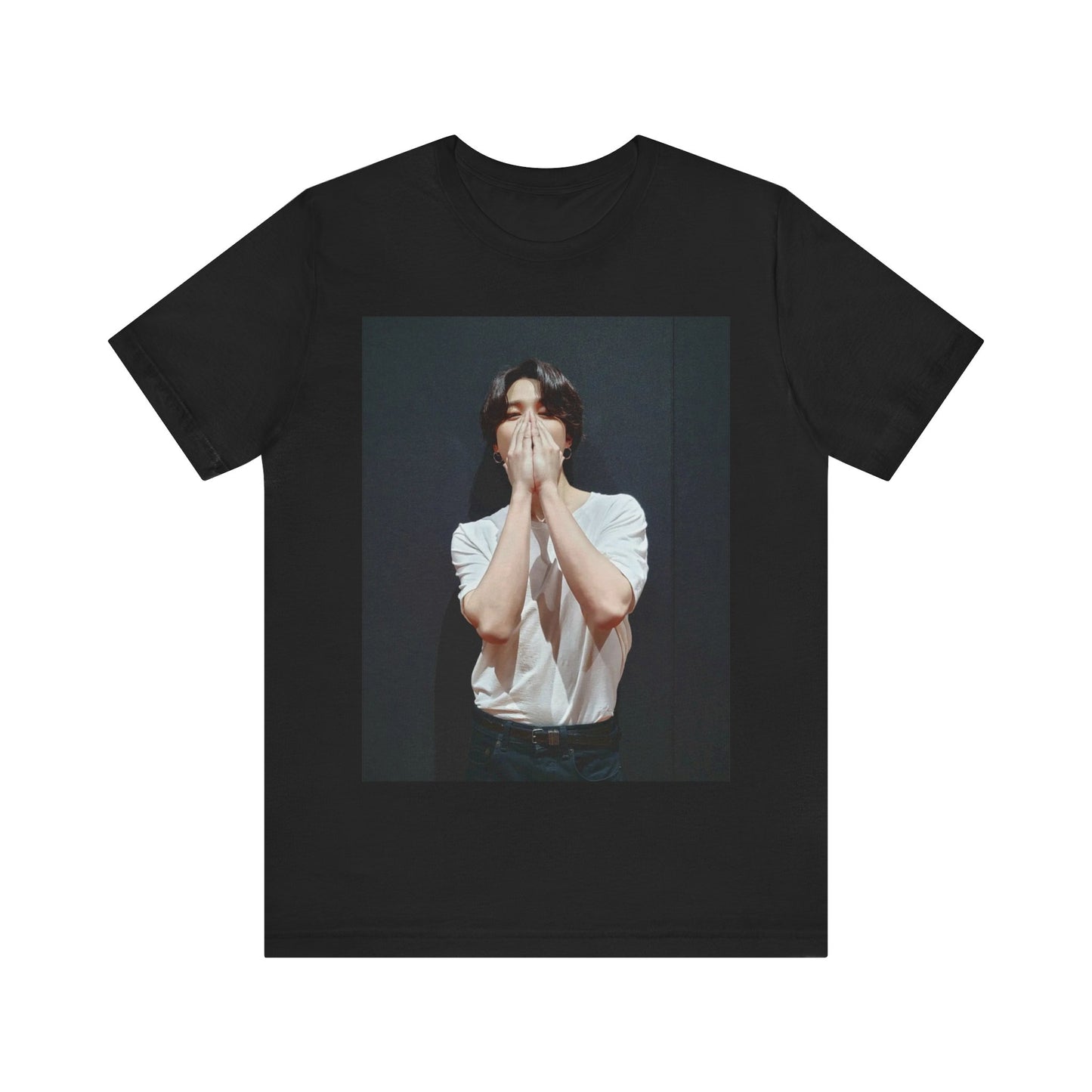 A black graphic t-shirt featuring a graphic of Jimin designed for everyday K-Pop style.