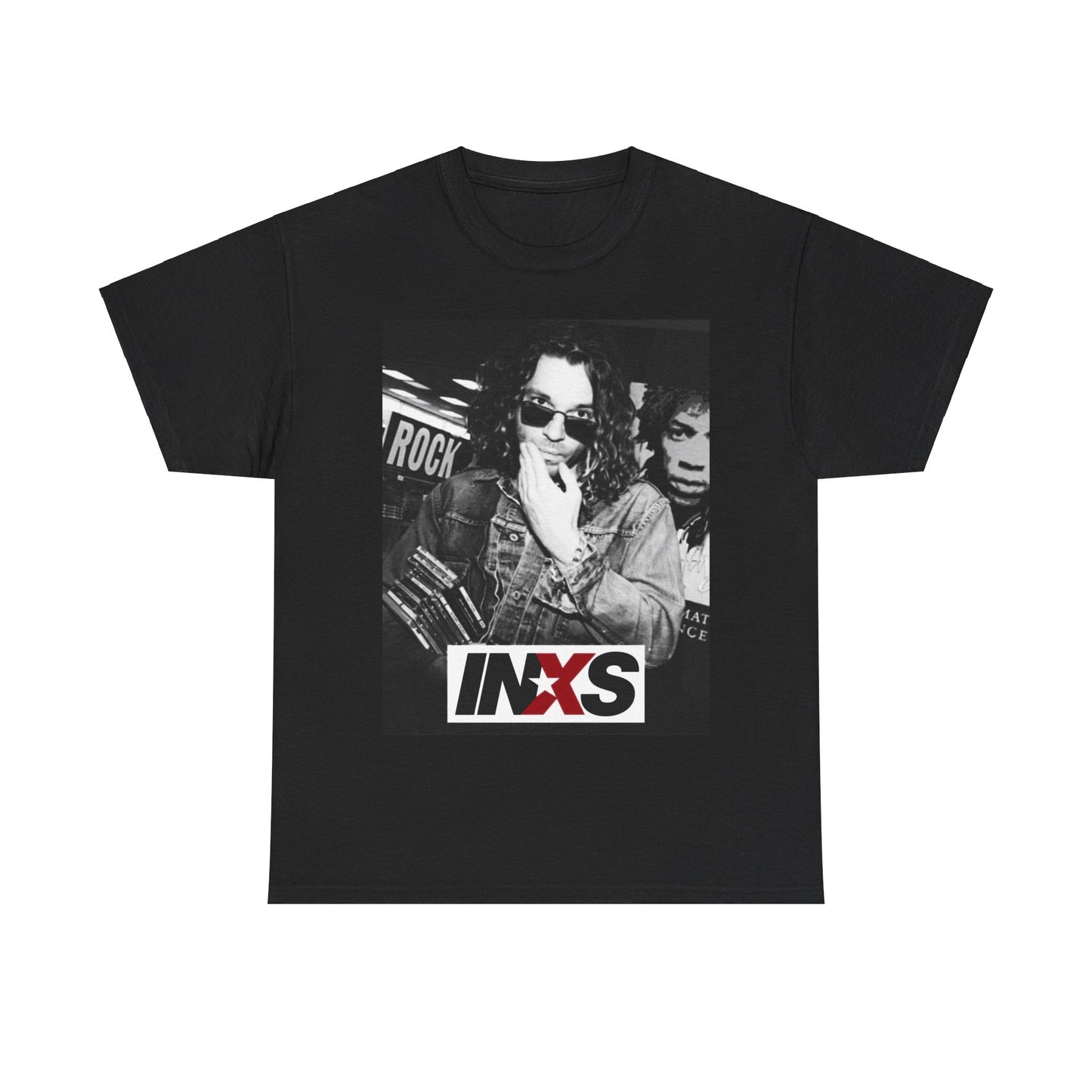 A black graphic t-shirt featuring a black and white, monochrome graphic or photo of INXS.