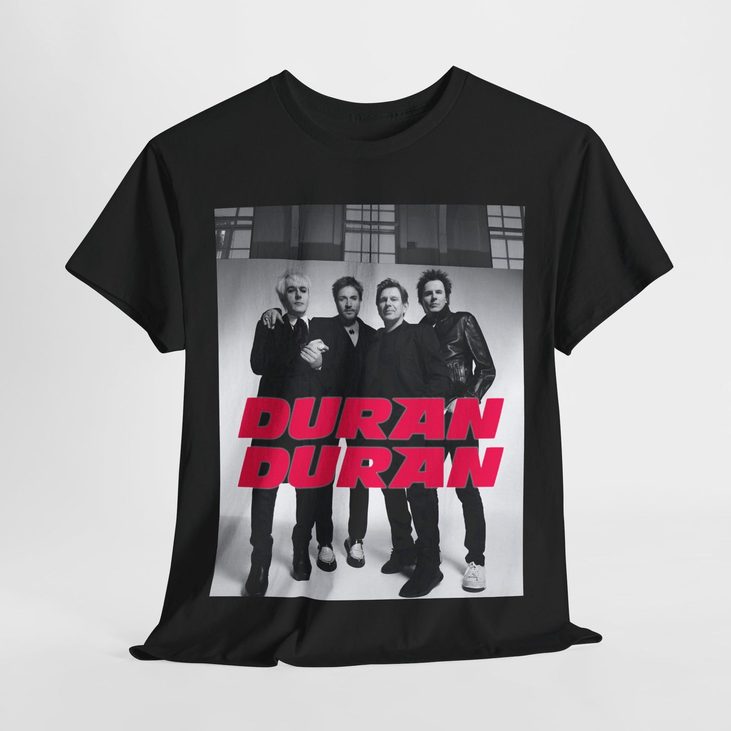 A black graphic t-shirt featuring a glam pop aesthetic graphic of Duran Duran.