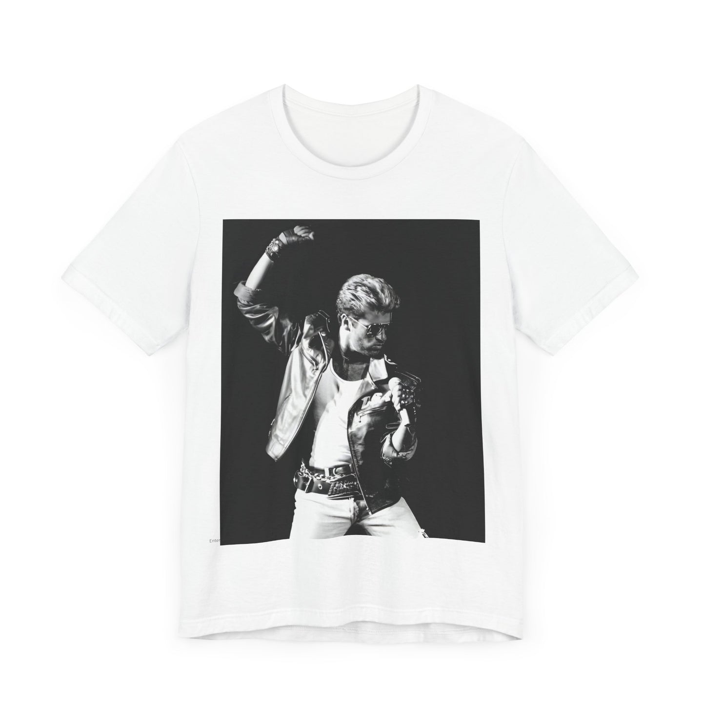 A black graphic t-shirt featuring an iconic black and white portrait photo of George Michael.