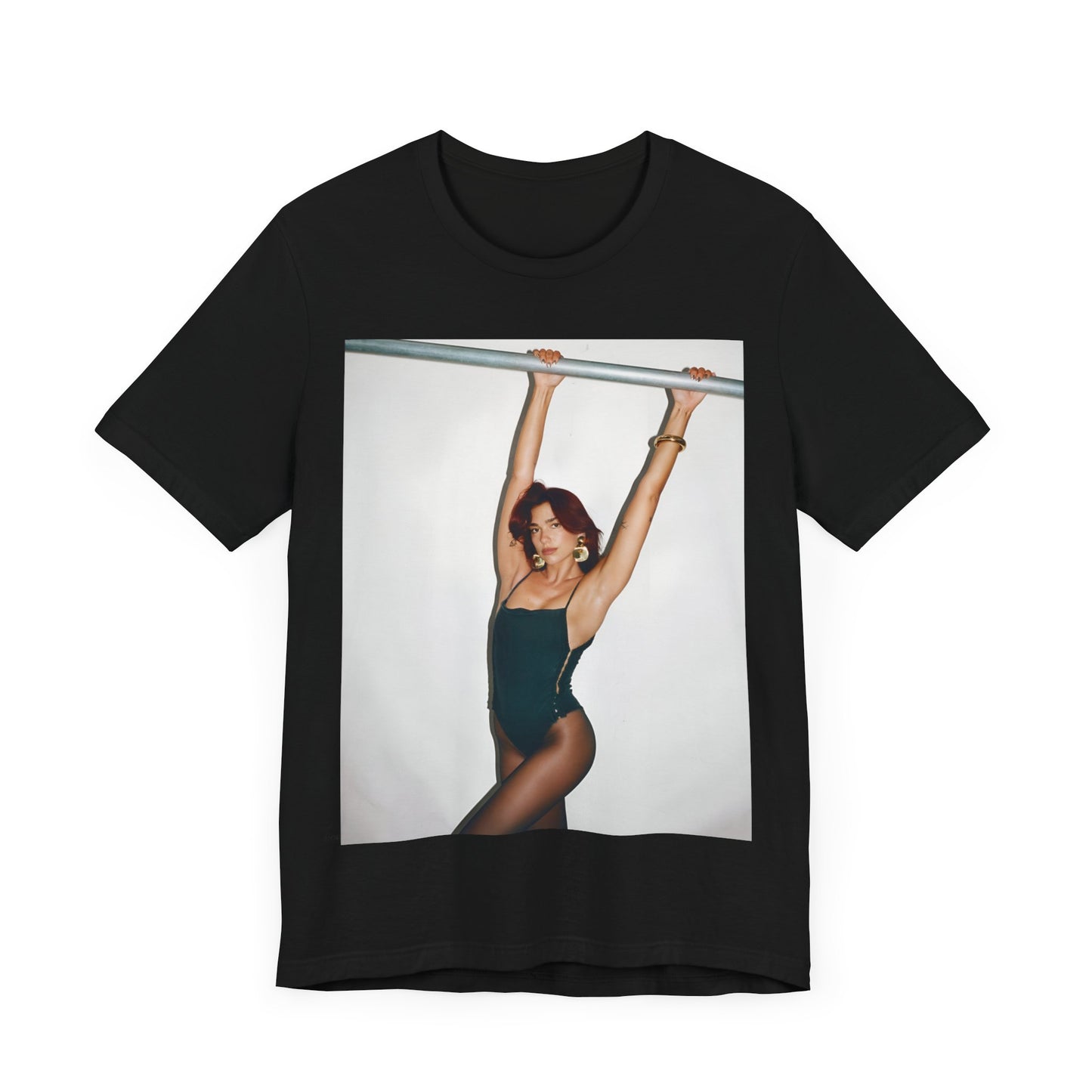 A black graphic t-shirt featuring a graphic related to Dua Lipa's "Levitating" song or era.