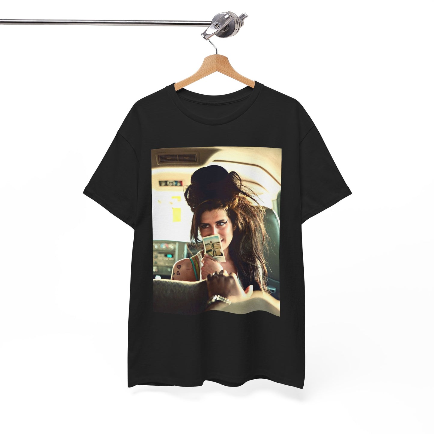 A black graphic t-shirt featuring a chaotic or candid graphic of Amy Winehouse offstage, capturing her intense or expressive moments.