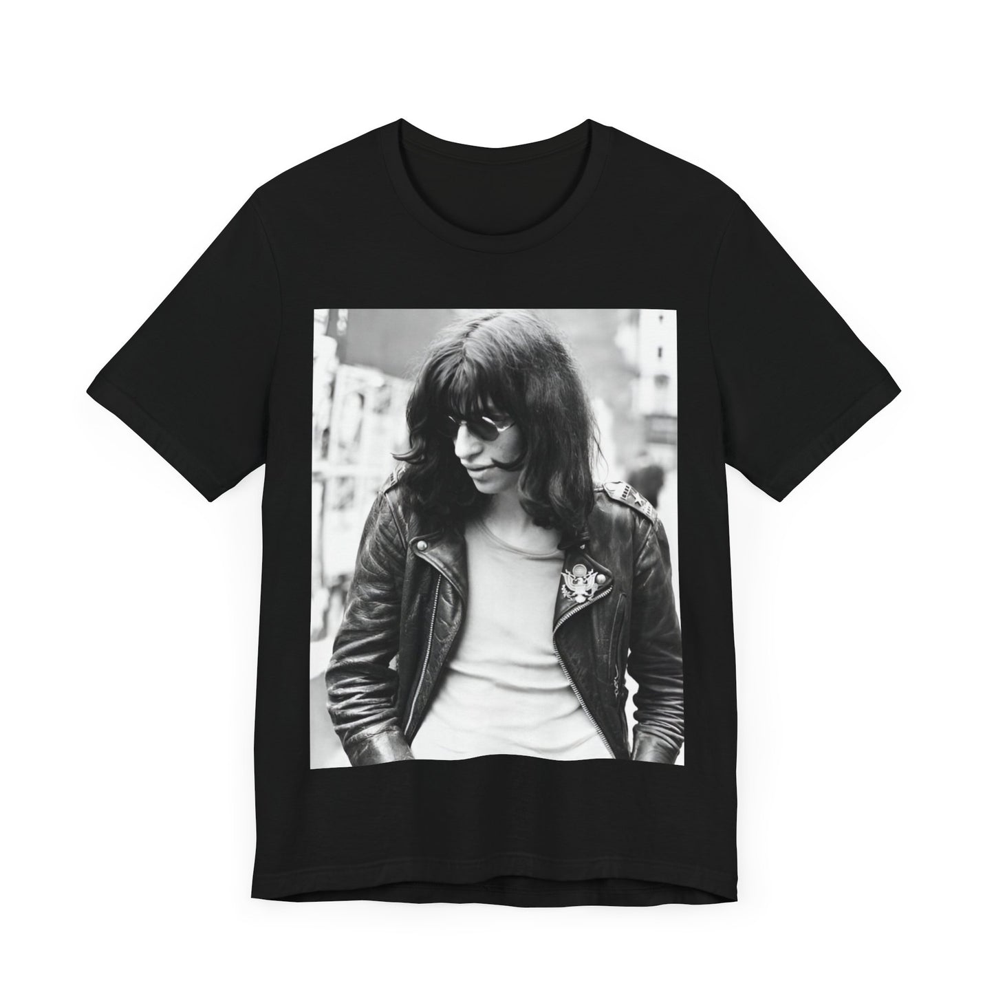 A black graphic t-shirt featuring a graphic of Joey Ramone from Ramones as a punk rock legend.