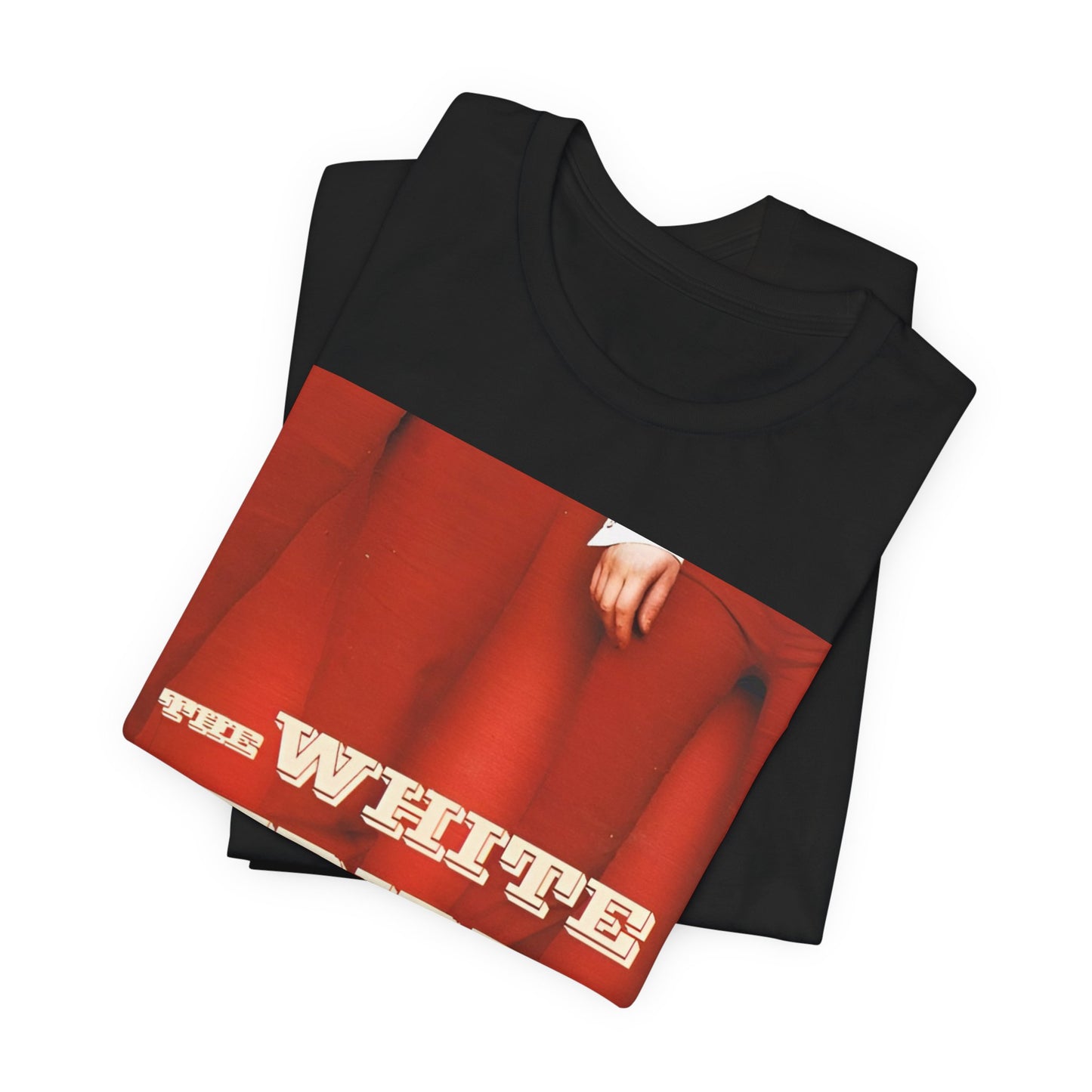 A black graphic t-shirt featuring a red and white signature graphic of The White Stripes.