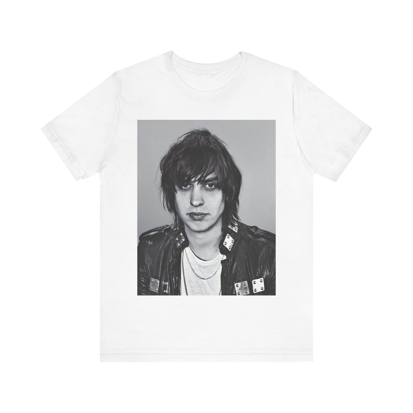 A black graphic t-shirt featuring a portrait photo of Julian Casablancas from The Strokes.