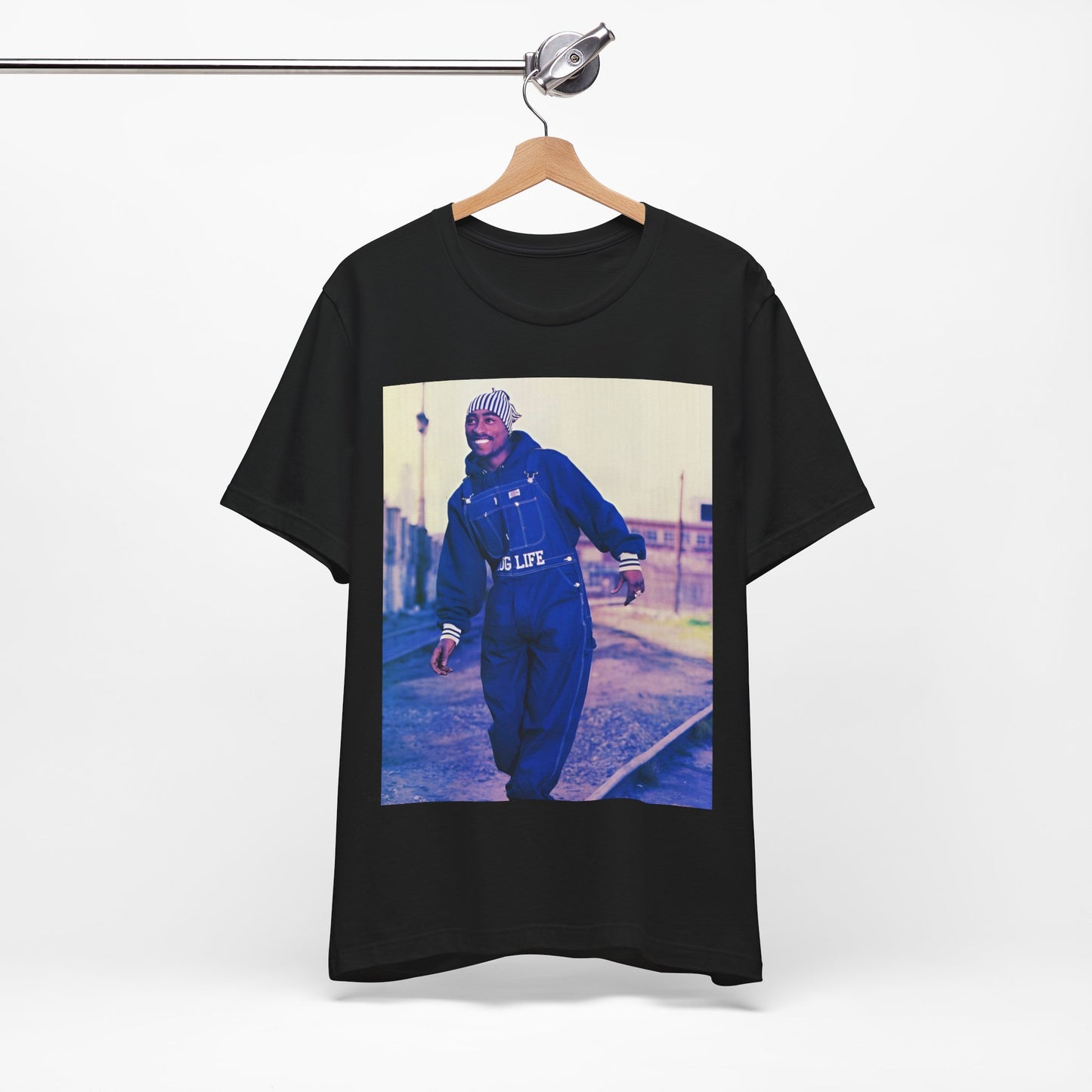 A black graphic t-shirt featuring a retro graphic related to Tupac's 'All Eyez On Me' album era.