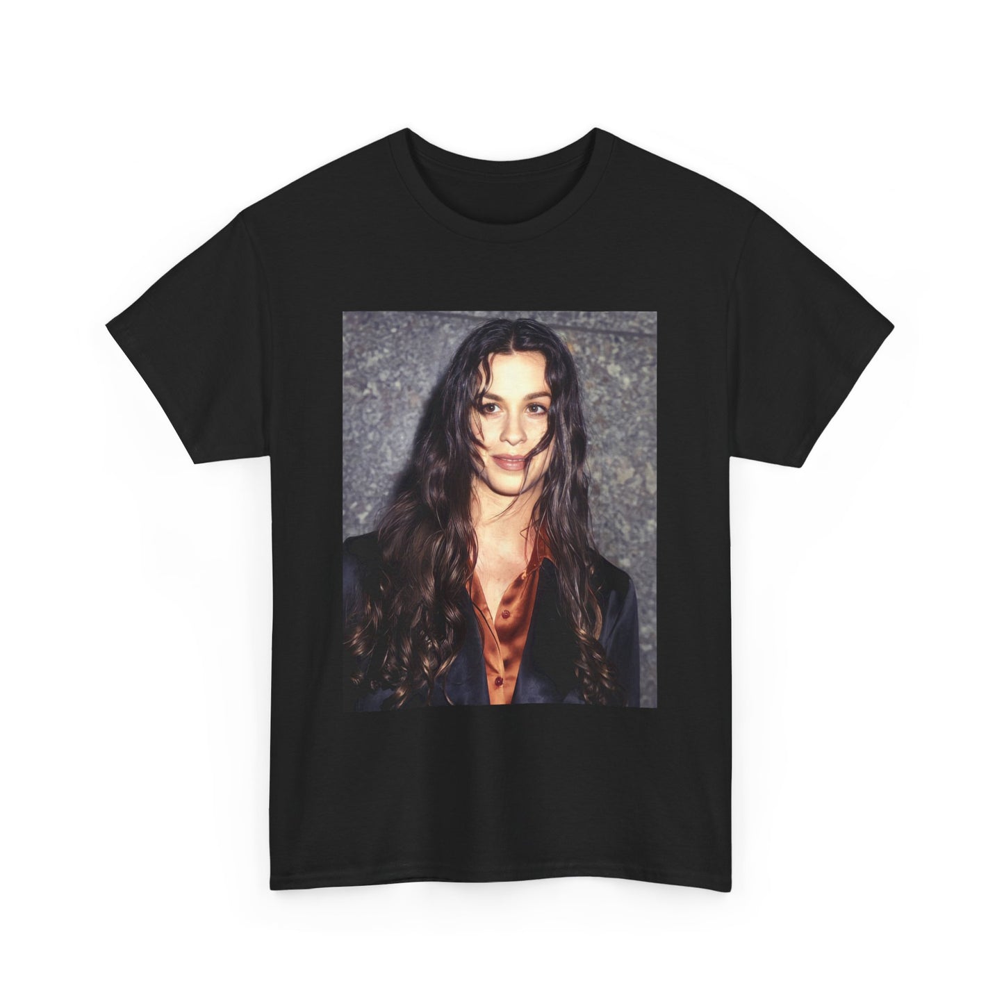 A black graphic t-shirt featuring a classic portrait or graphic of Alanis Morissette.