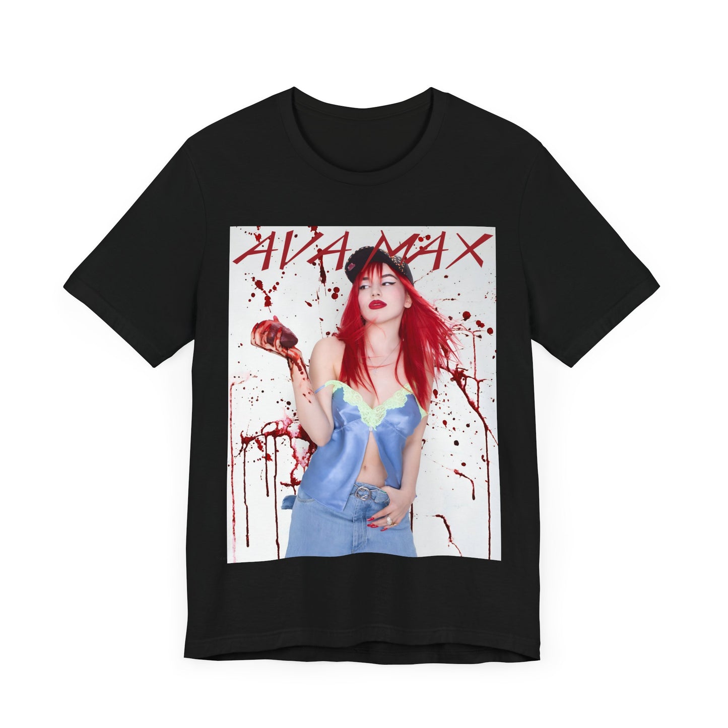 A black graphic t-shirt featuring a bold and vibrant pop art style graphic of Ava Max.
