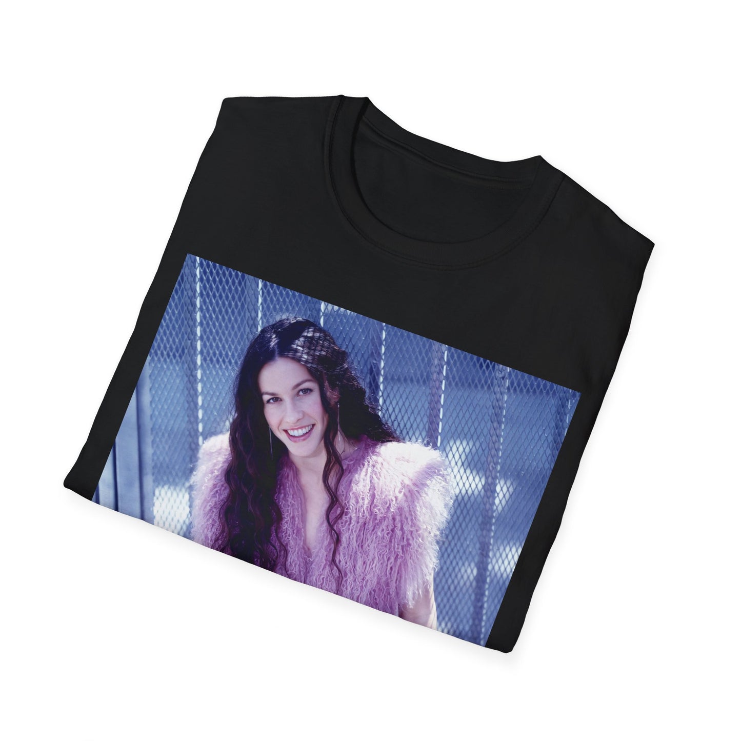 A black graphic t-shirt featuring a vintage 90s-style graphic of Alanis Morissette, possibly with distressed effects or artistic filters.