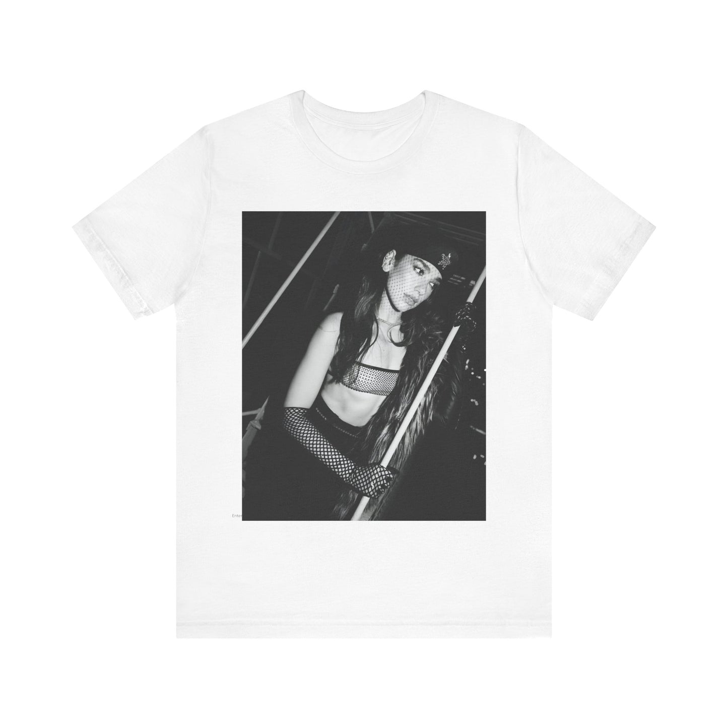 A black graphic t-shirt featuring a black and white, monochrome graphic or portrait of Dua Lipa.