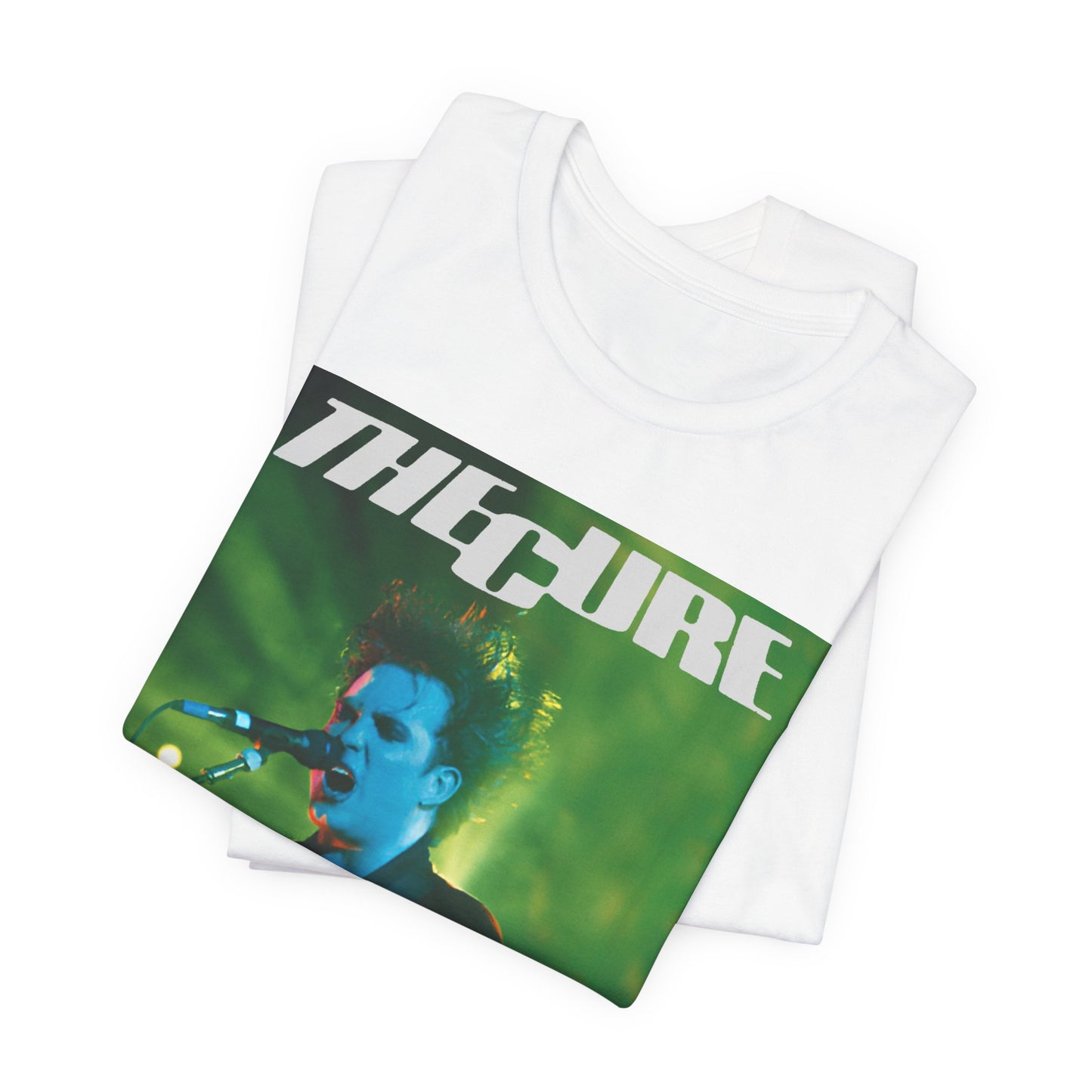 A black graphic t-shirt featuring a graphic or photo of The Cure performing live on stage.