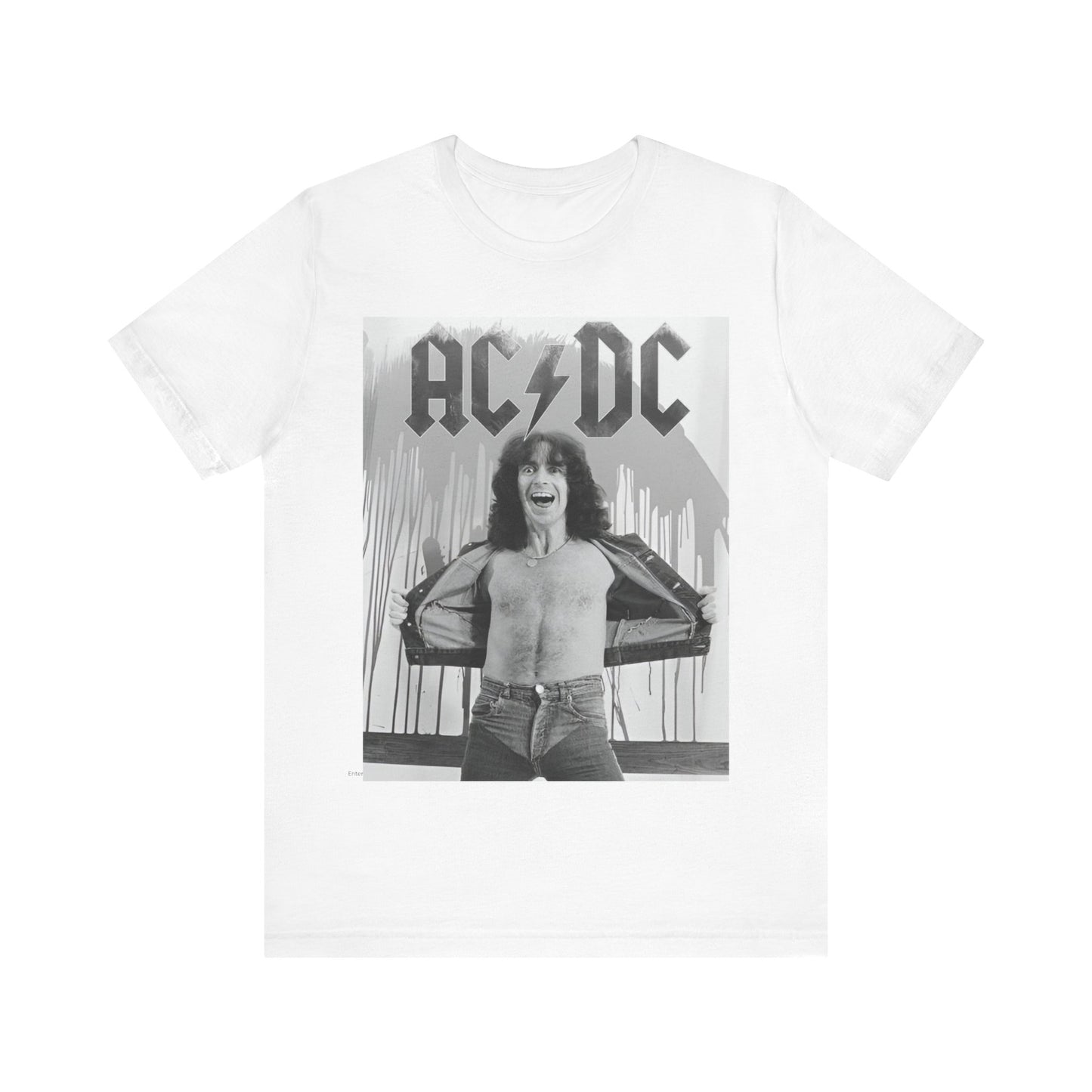 A vintage-style graphic of AC/DC's original frontman, Bon Scott, printed on a t-shirt.