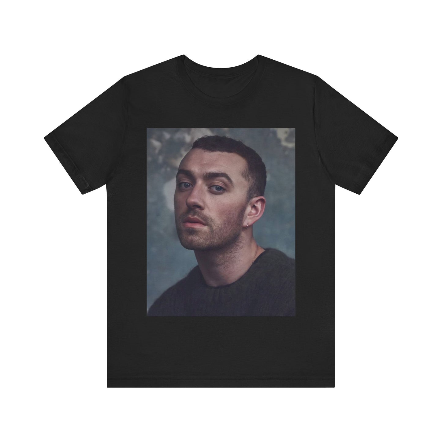 A black graphic t-shirt featuring a retro graphic related to Sam Smith's 'Stay With Me' song or era.