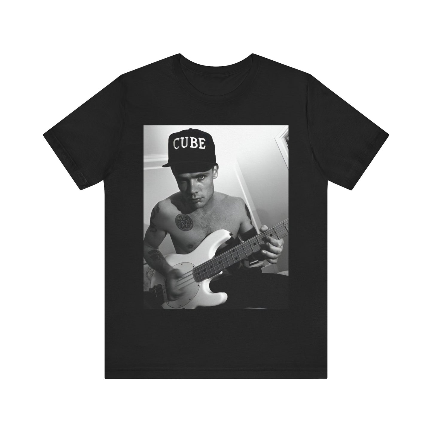 A black graphic t-shirt featuring a black and white graphic or photo of Flea from Red Hot Chili Peppers performing live on stage.