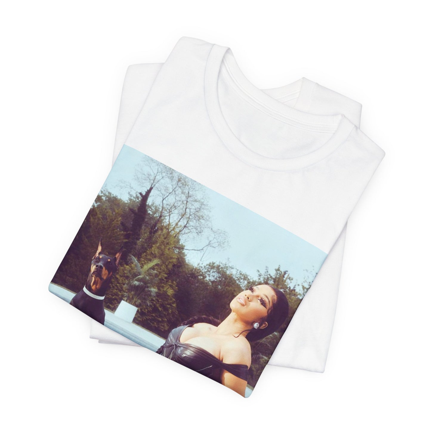 A black graphic t-shirt featuring a graphic related to Cardi B's 'I Like It' song, with bold pop culture elements.
