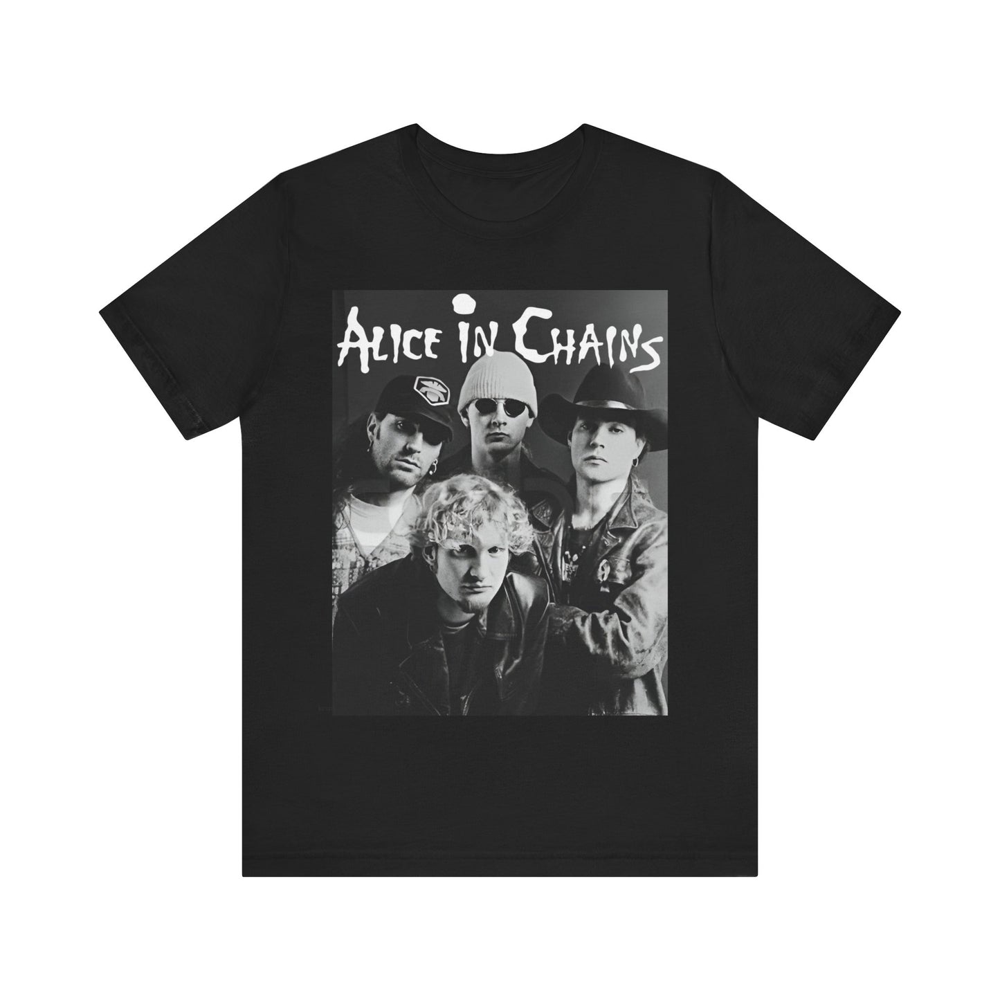 A black graphic t-shirt featuring a black and white photographic portrait of the band Alice In Chains, capturing their iconic grunge look.