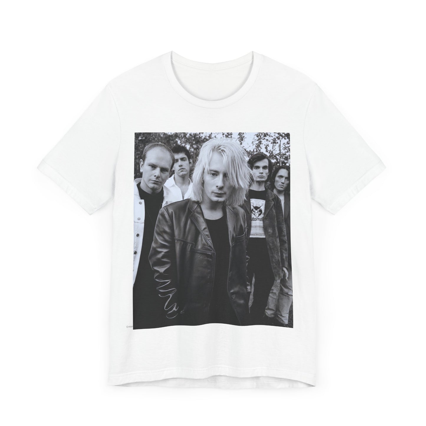 A black graphic t-shirt featuring a cool experimental rock graphic of Radiohead.