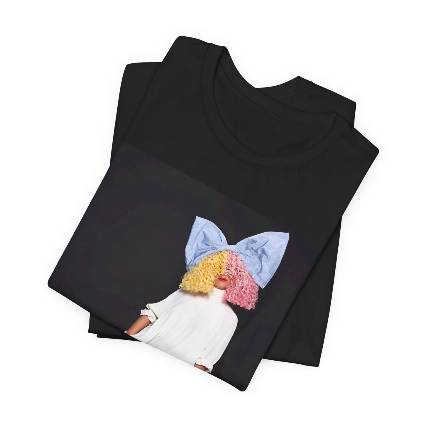 A black graphic t-shirt featuring a vintage pop icon graphic of Sia.