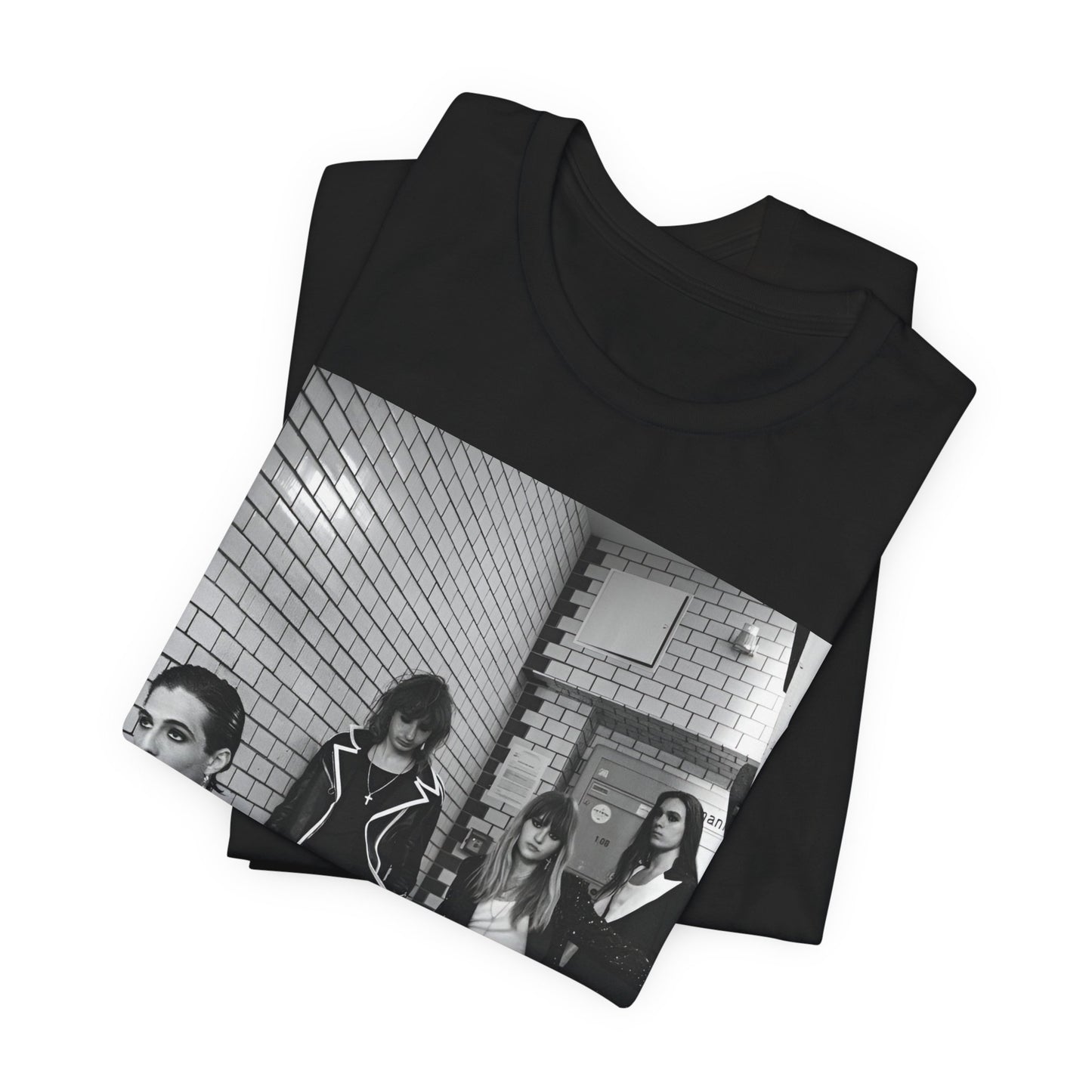 A black graphic t-shirt featuring a black and white graphic or photo of Maneskin in a backstage setting.