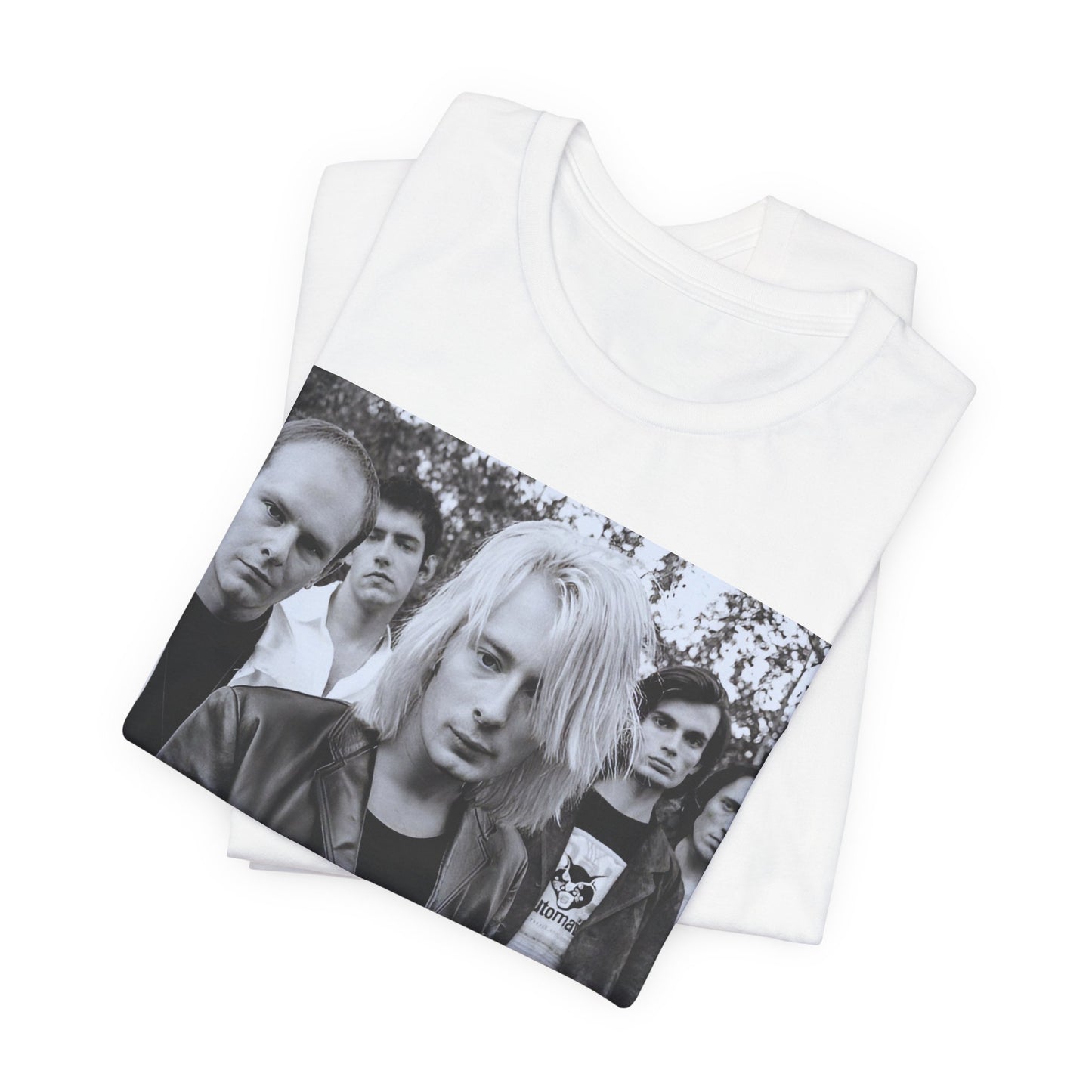 A black graphic t-shirt featuring a cool experimental rock graphic of Radiohead.