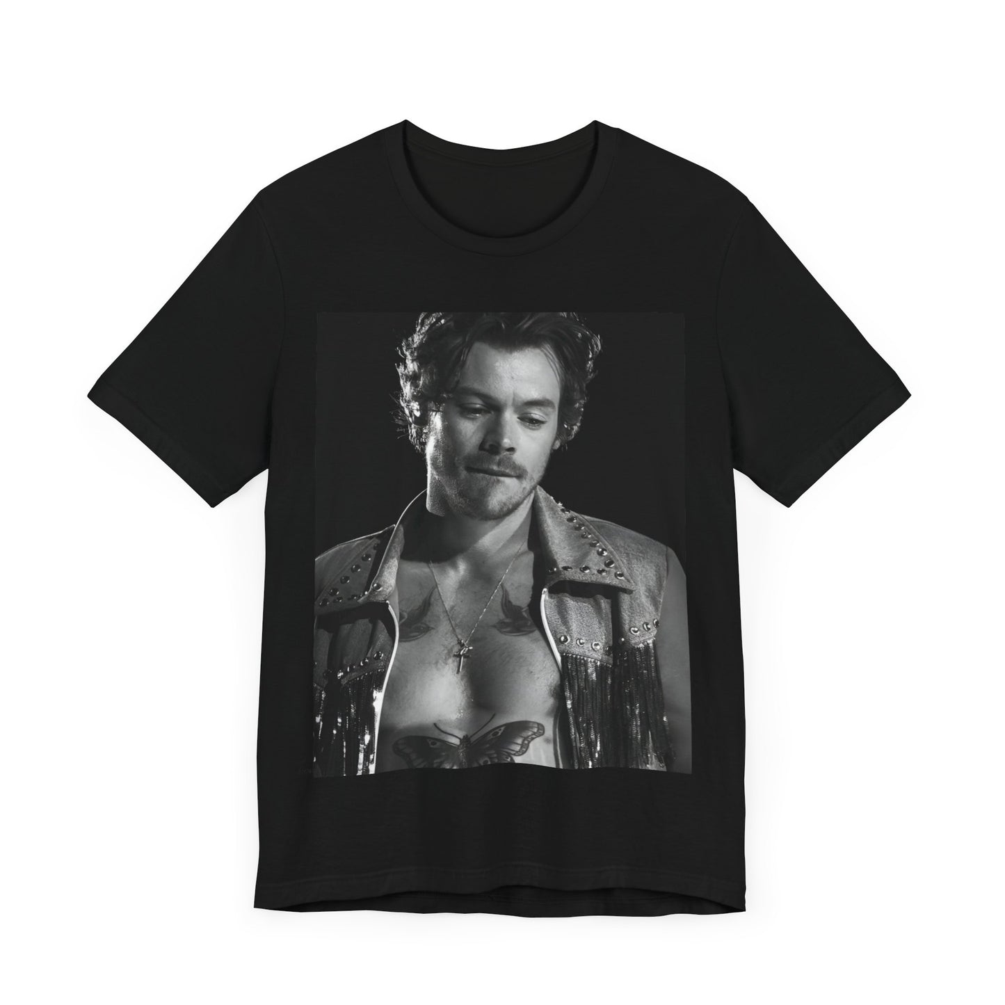 A black graphic t-shirt featuring a black and white graphic inspired by Harry Styles' tattoos.