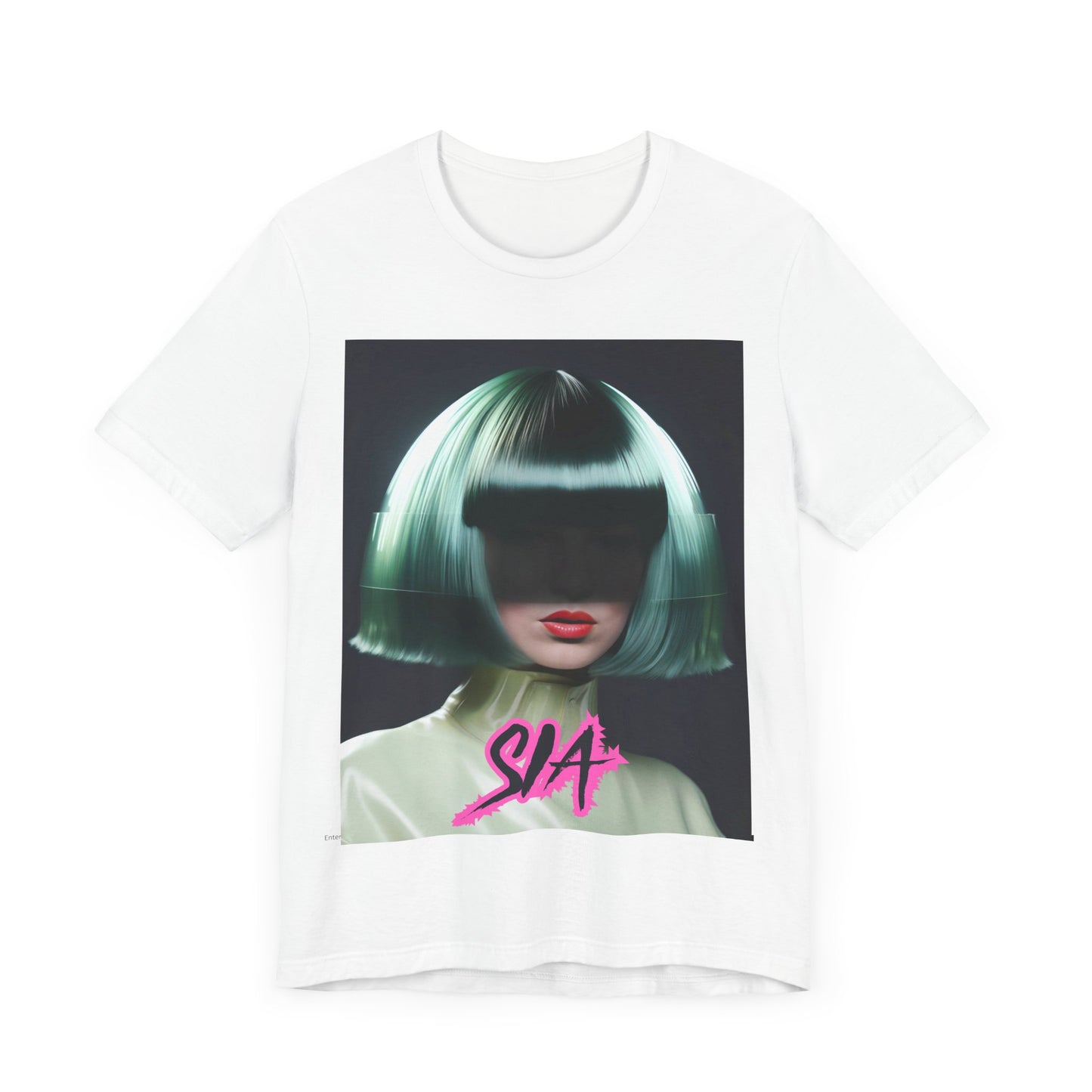 A black graphic t-shirt featuring a bold graphic of Sia as a pop superstar.