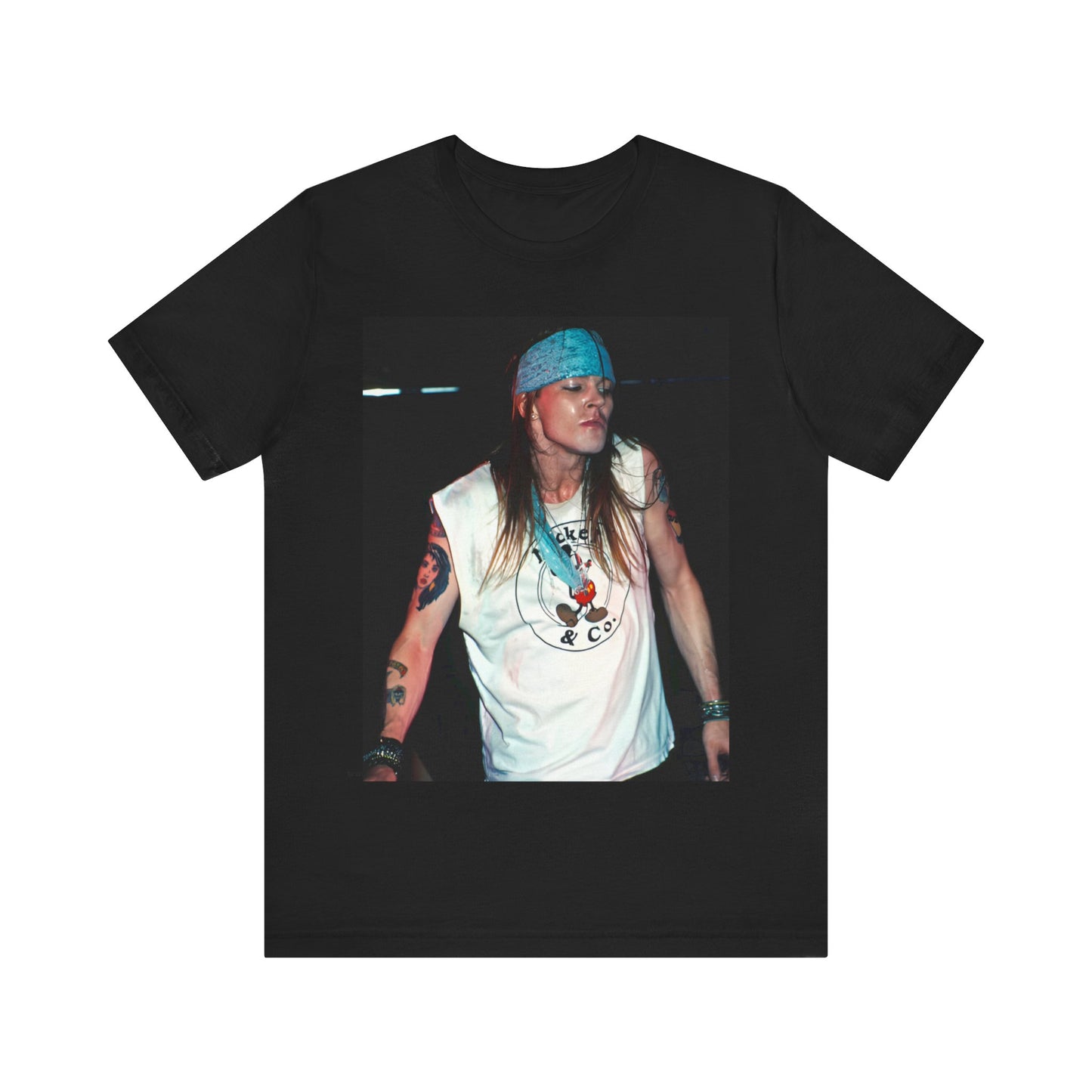 A black graphic t-shirt featuring a graphic related to Guns N' Roses' "Welcome to the Jungle" song or era.