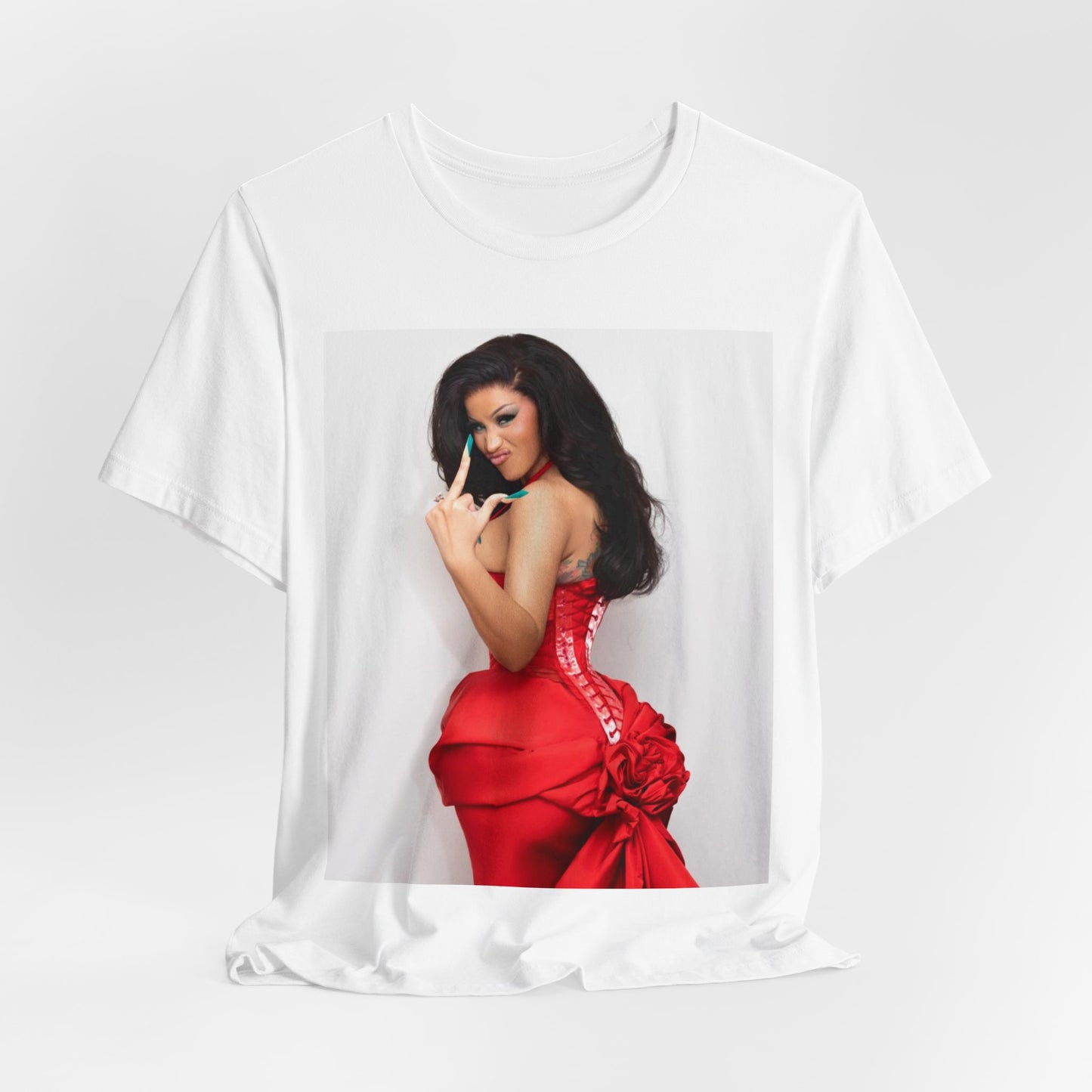 A black graphic t-shirt featuring a graphic of Cardi B making 'the finger' gesture.